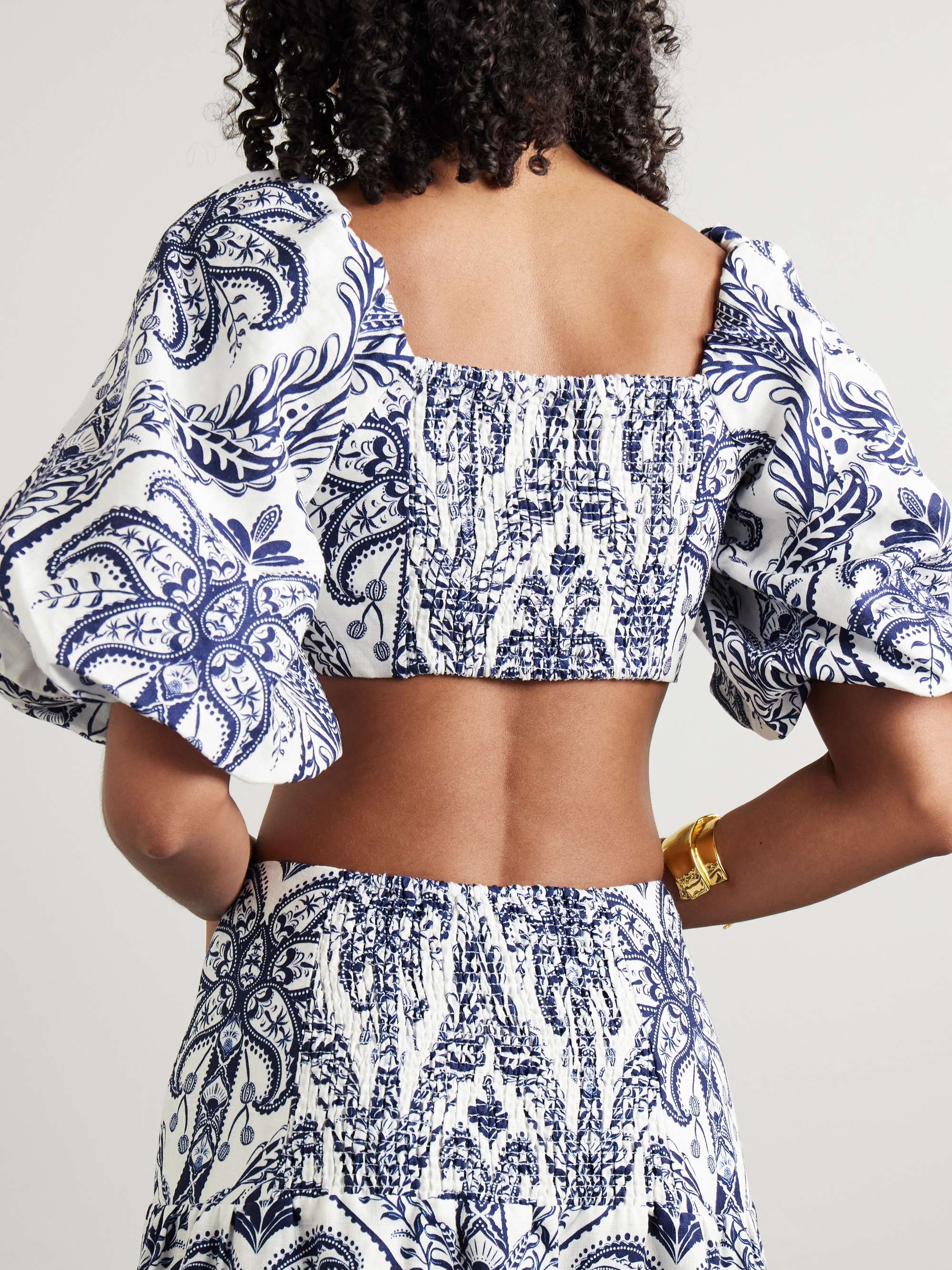 Tropical Cameo cropped shirred printed linen top view