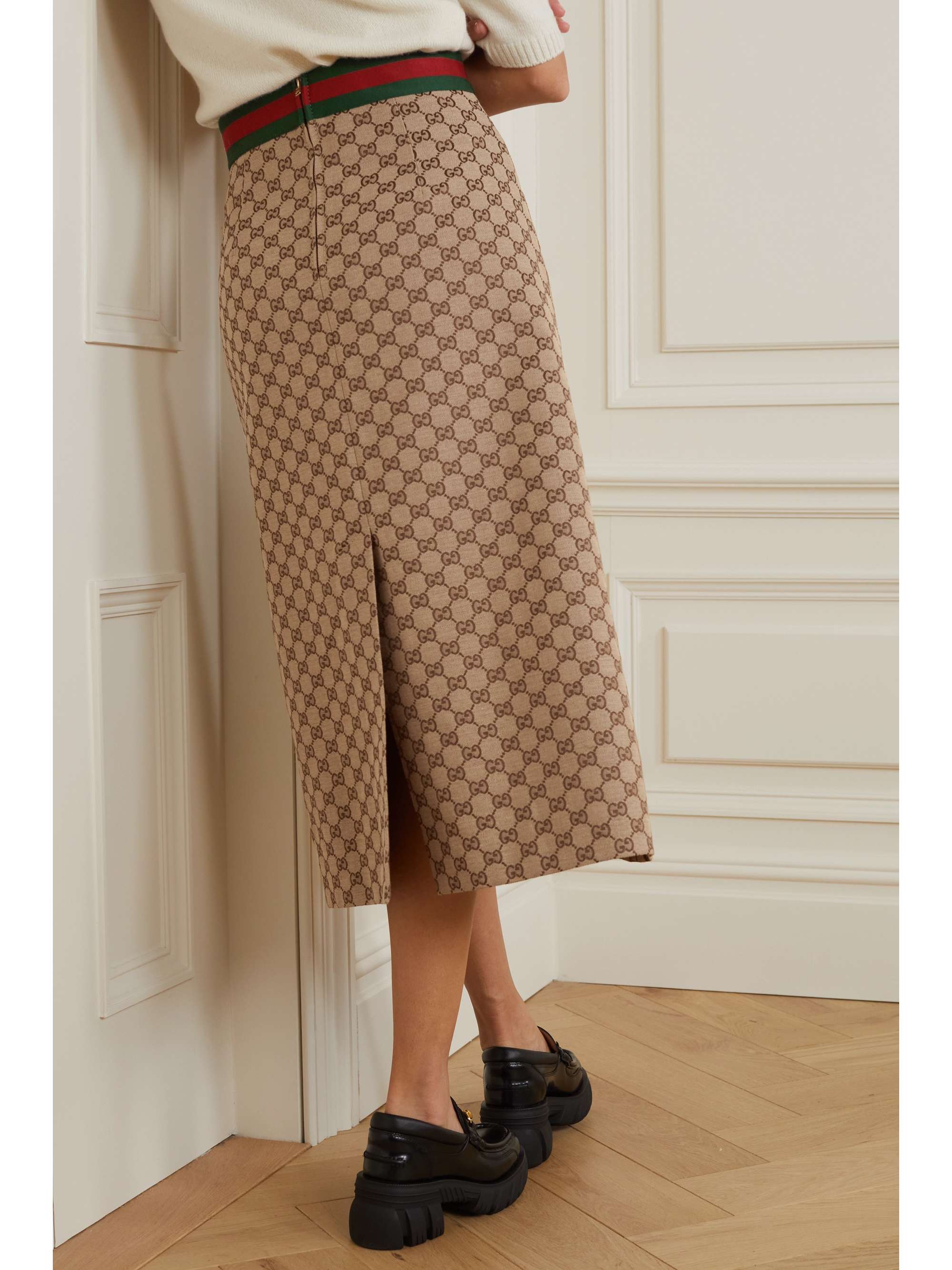 Belted leather-trimmed cotton-blend canvas-jacquard midi skirt view