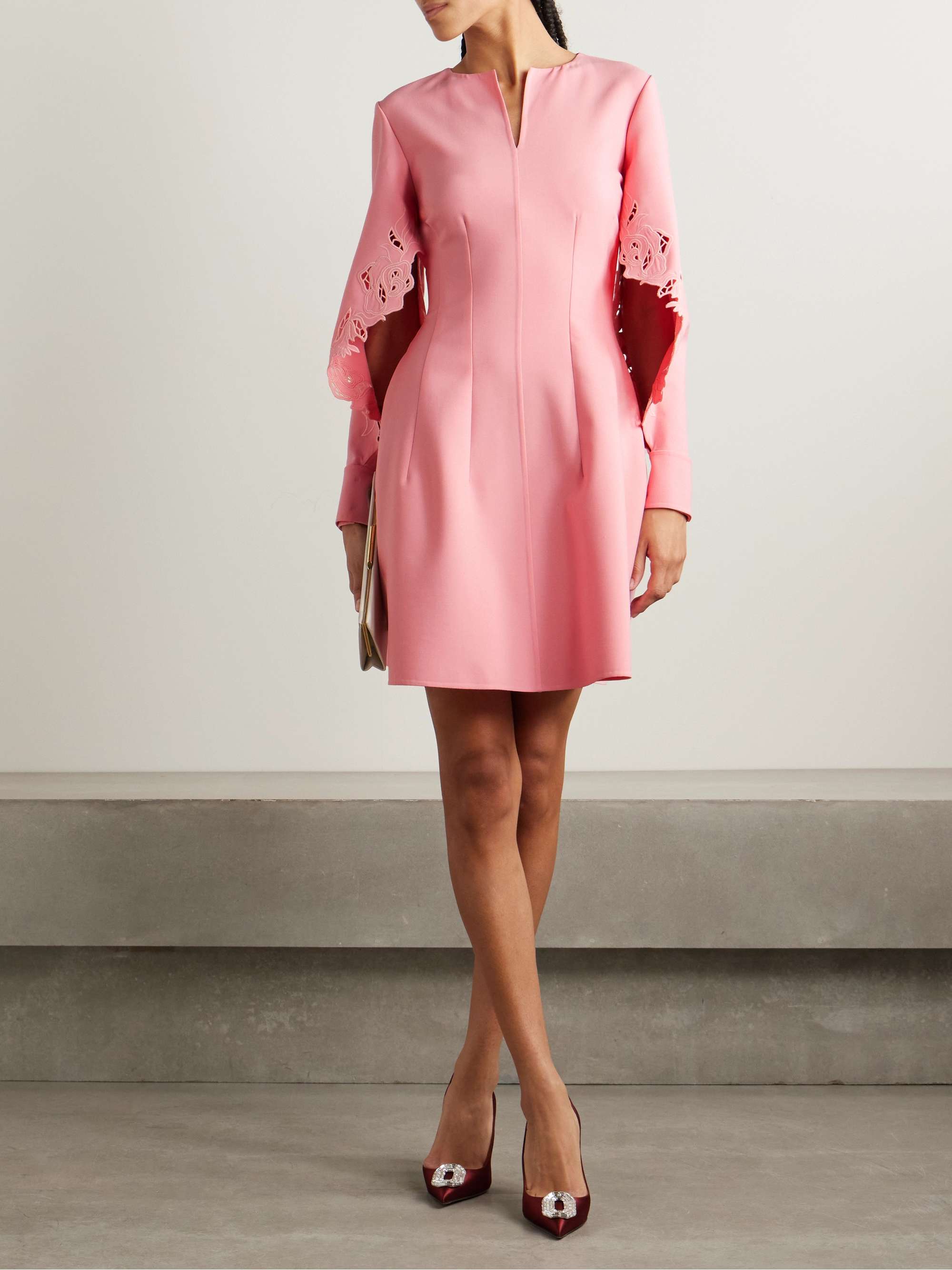 Cutout guipure lace-trimmed wool-blend crepe mini dress view
