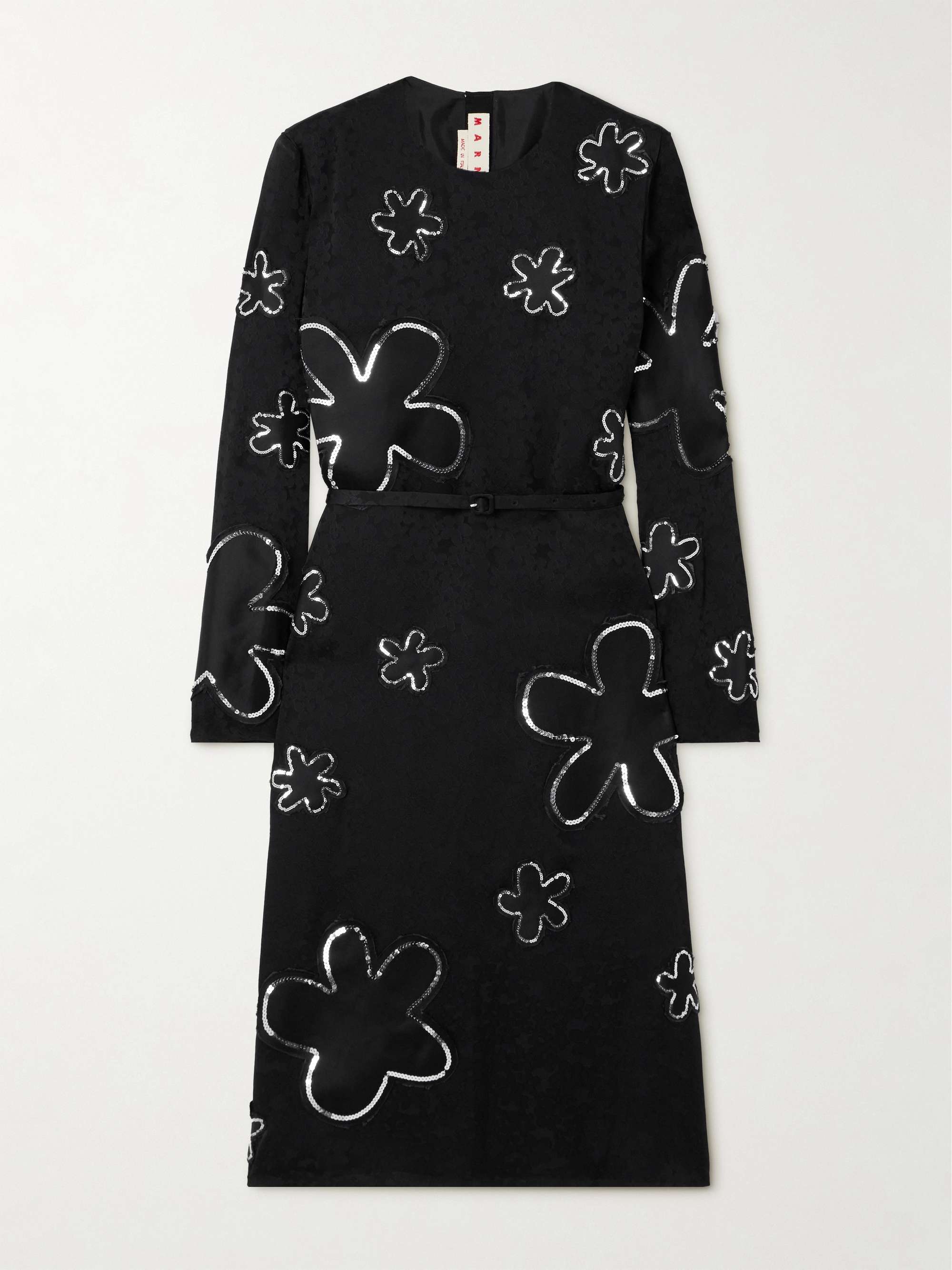 Belted sequin-embellished floral satin-jacquard midi dress hero visual