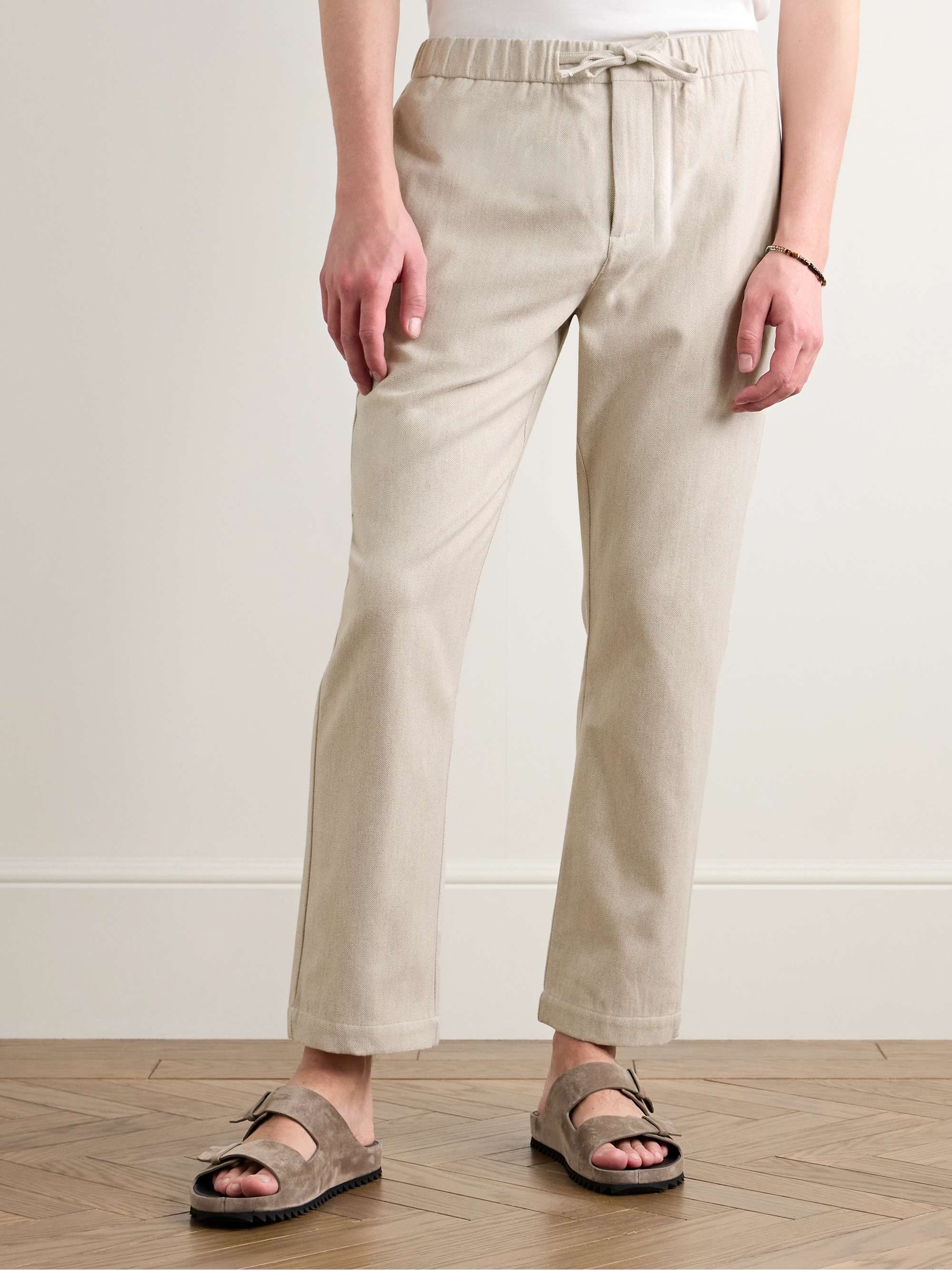 Oscar Straight-Leg Herringbone Cotton and Cashmere-Blend Drawstring Trousers view