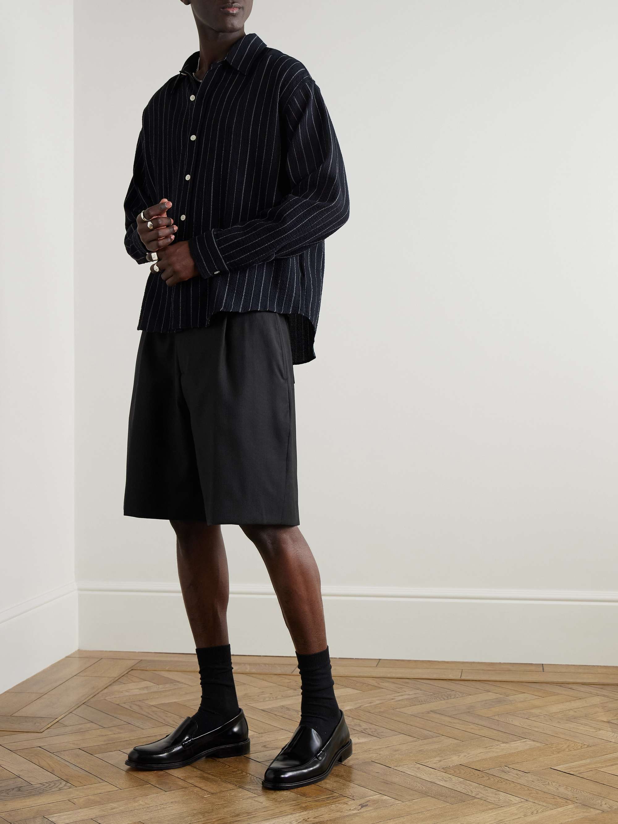 Classic Straight-Leg Pleated Striped Wool Shorts view