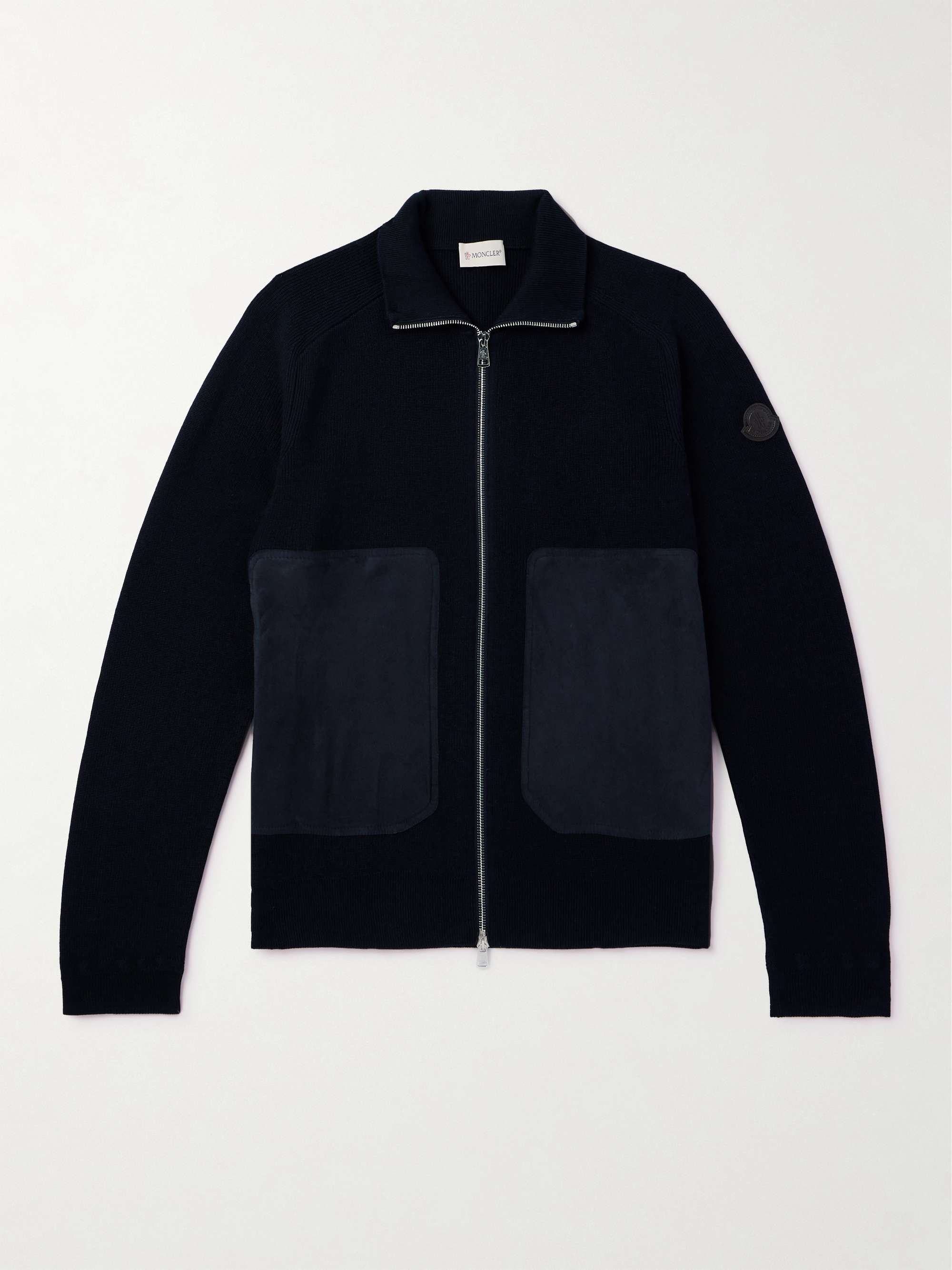Logo-Appliquéd Suede-Trimmed Cotton and Cashmere-Blend Zip-Up Cardigan hero visual