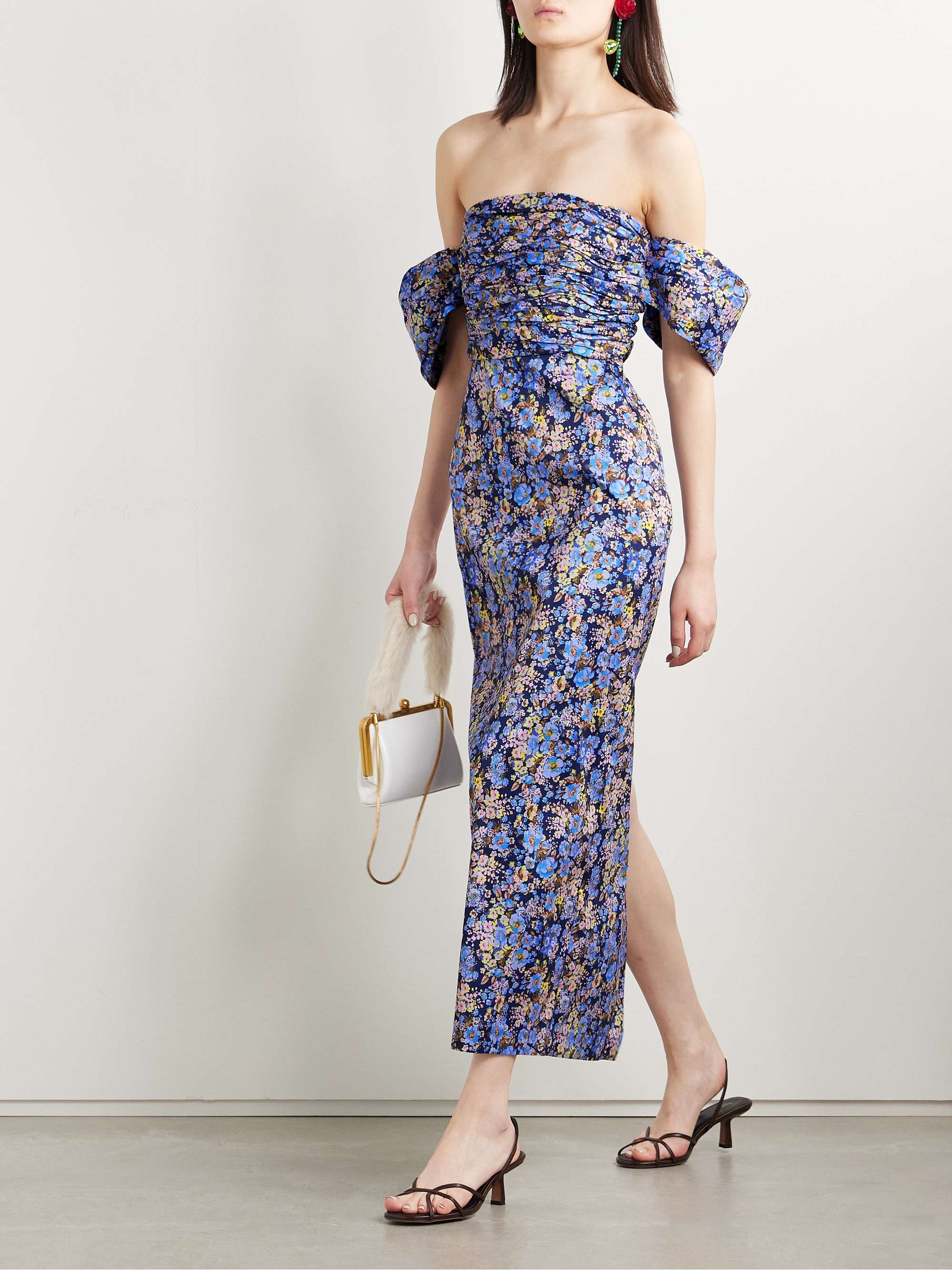 Adele off-the-shoulder ruched floral-print taffeta midi dress view