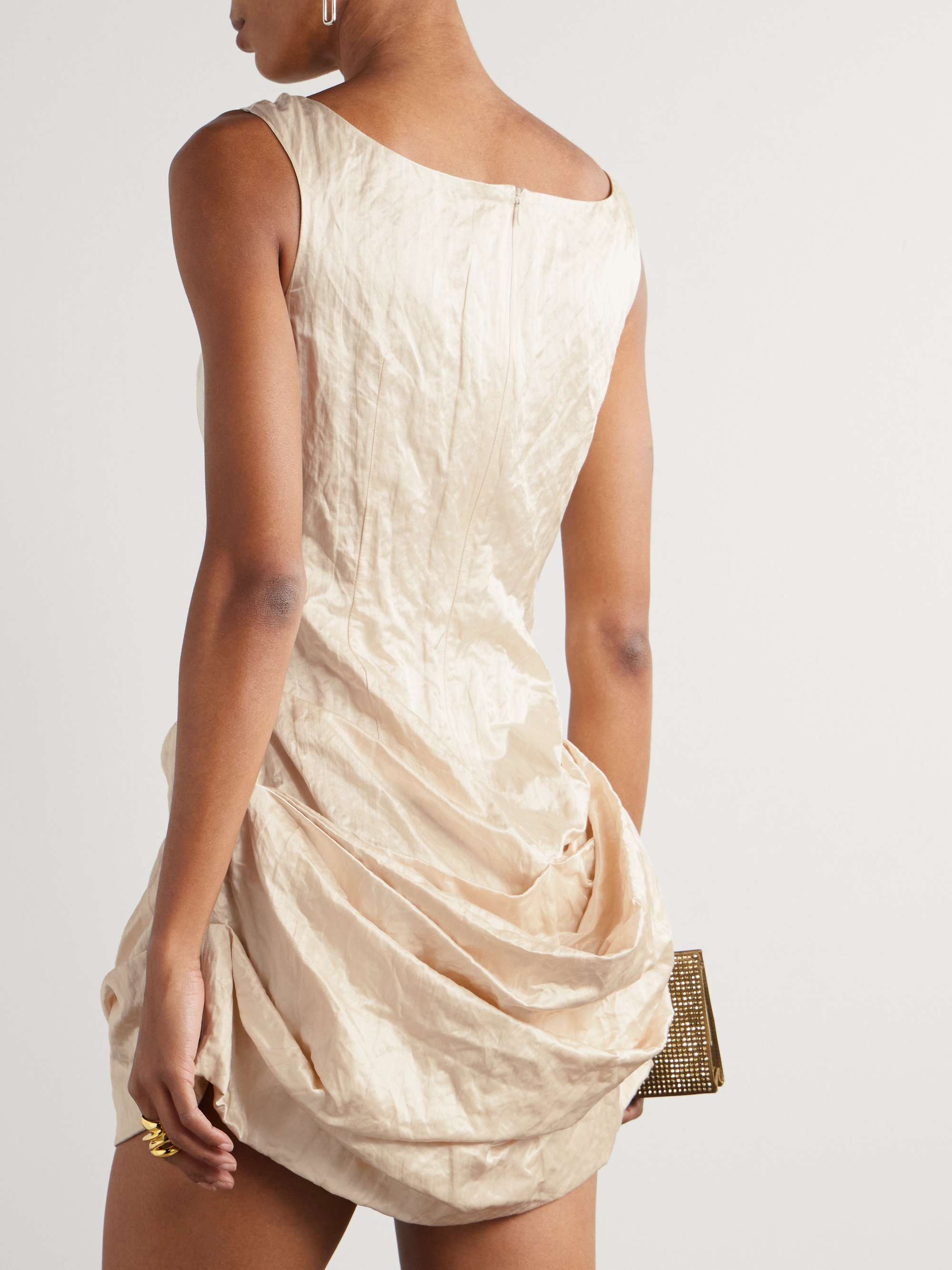 Ruched metallic crinkled cotton-blend mini dress view