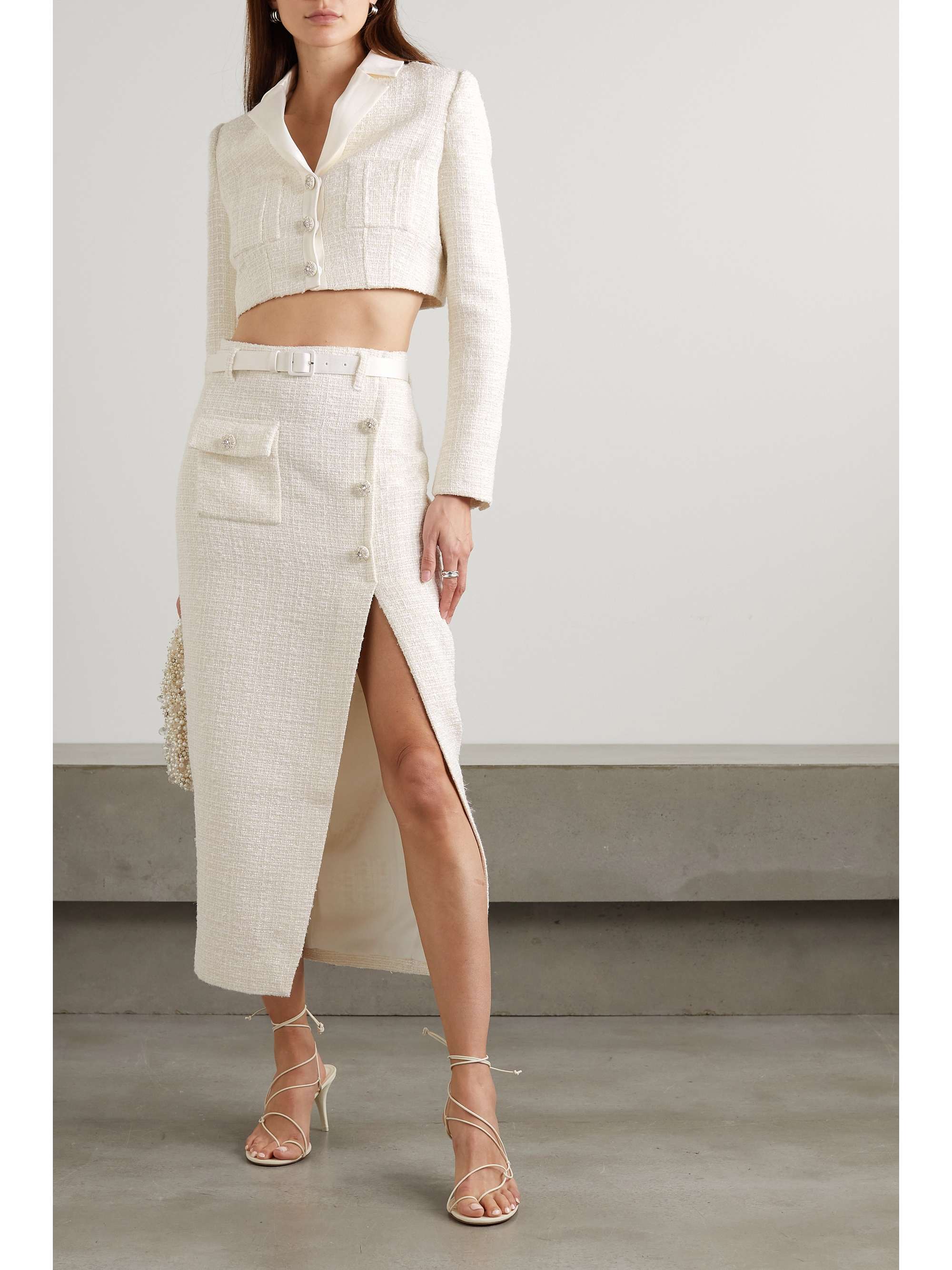Cropped embellished satin-trimmed metallic bouclé-tweed blazer view