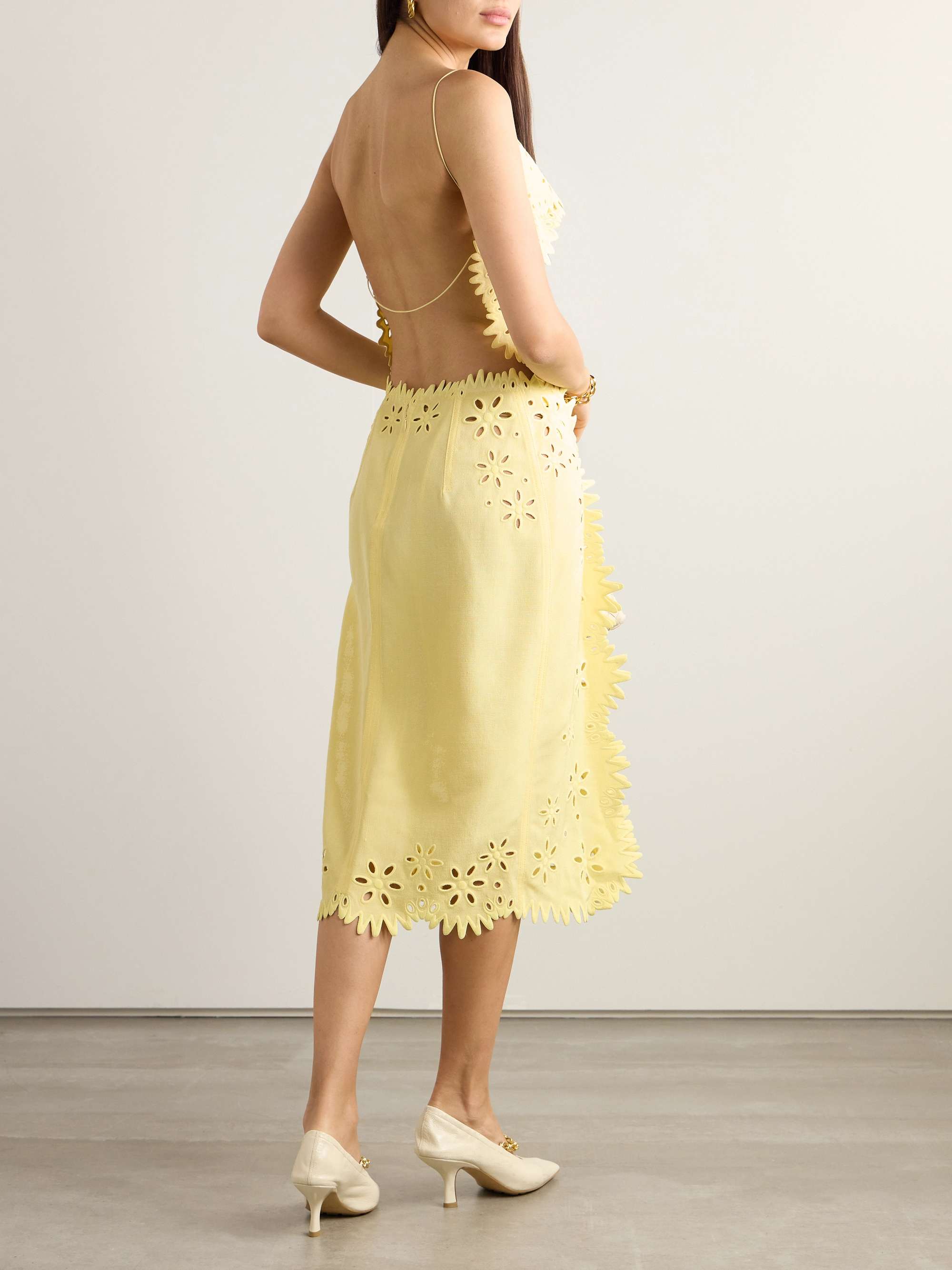 Leather-trimmed broderie anglaise midi dress view