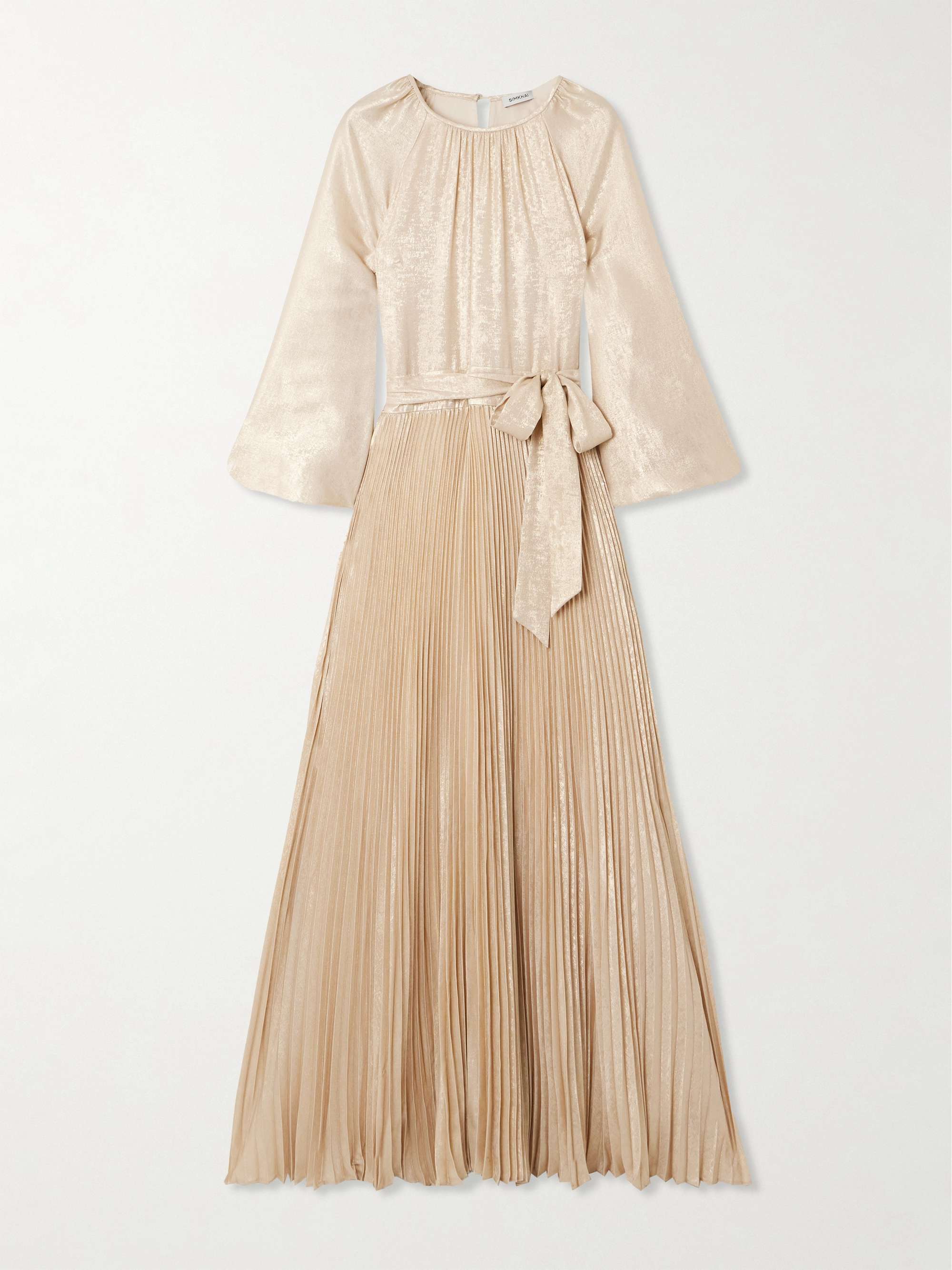 Varenya belted pleated metallic lamé maxi dress hero visual