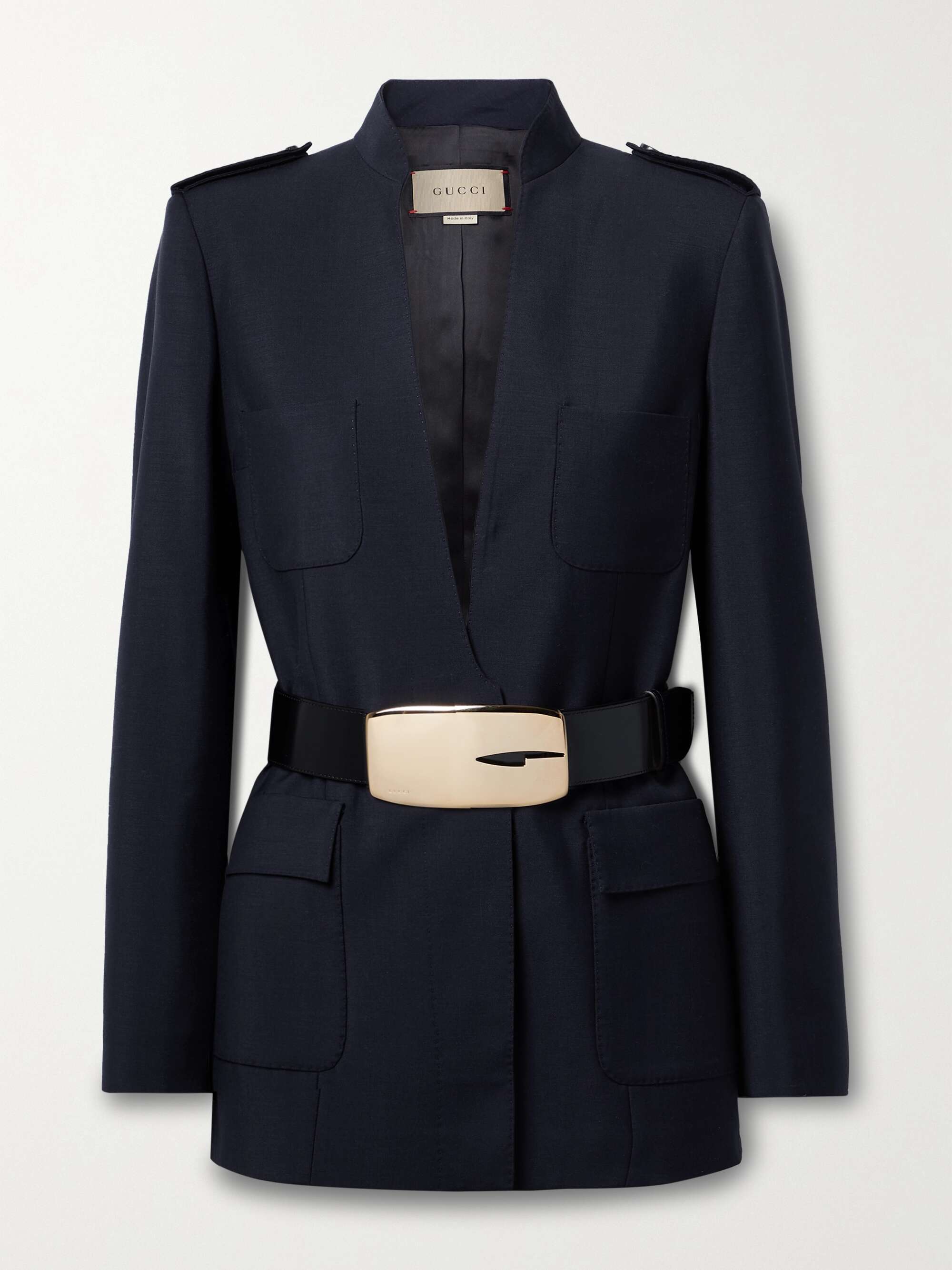 Belted leather-trimmed mohair and wool-blend crepe blazer hero visual