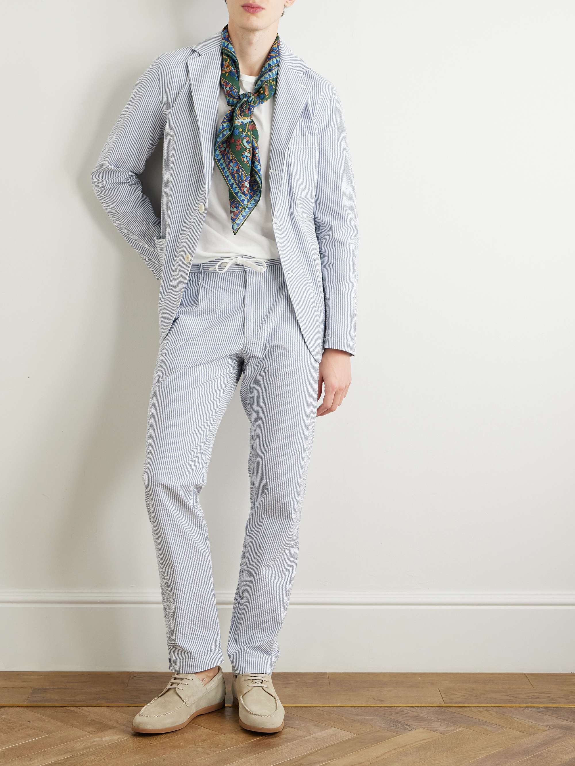 Tanker Straight-Leg Pleated Striped Cotton-Seersucker Drawstring Trousers view