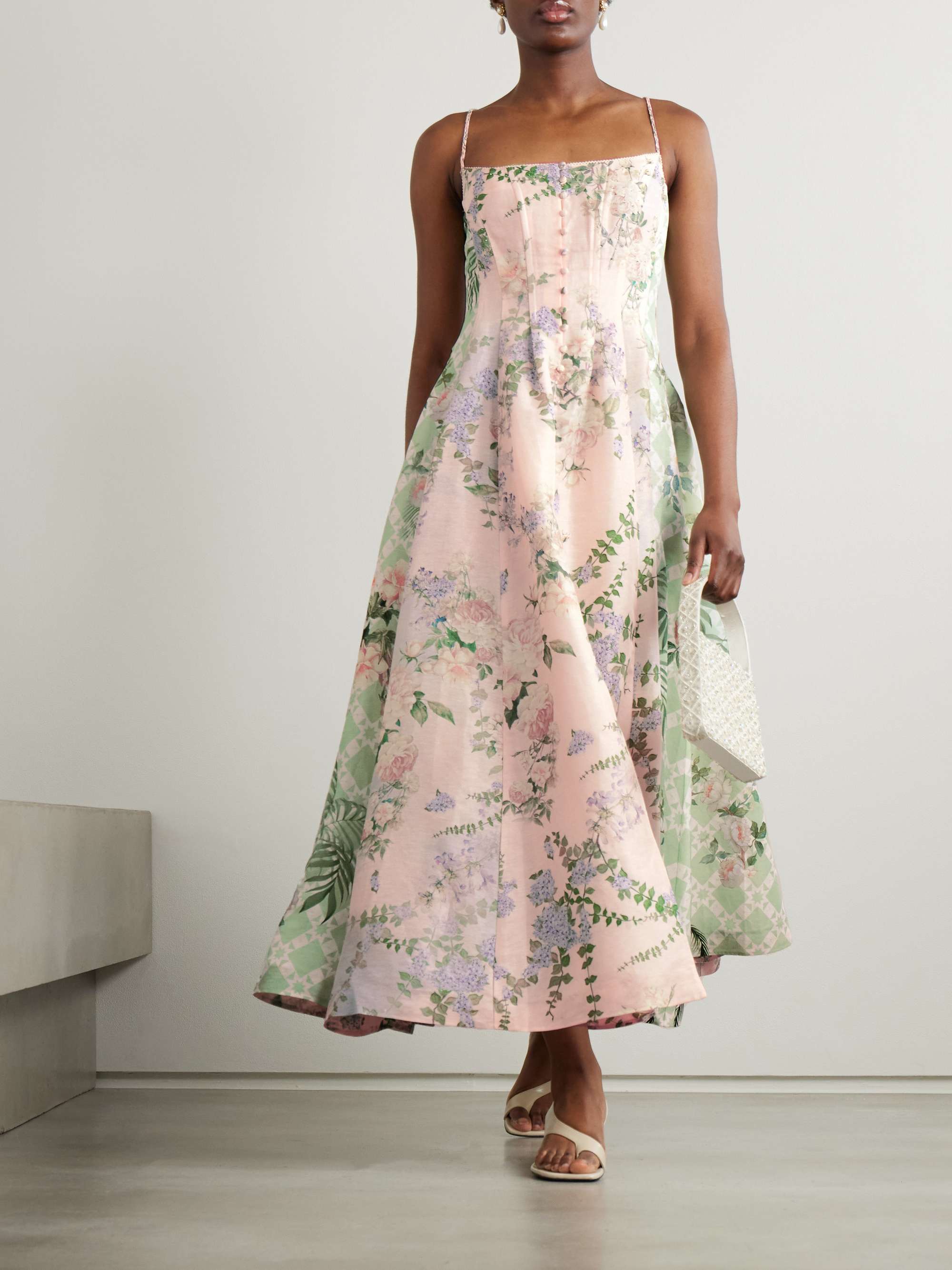 Embellished floral-print linen and silk-blend midi dress view