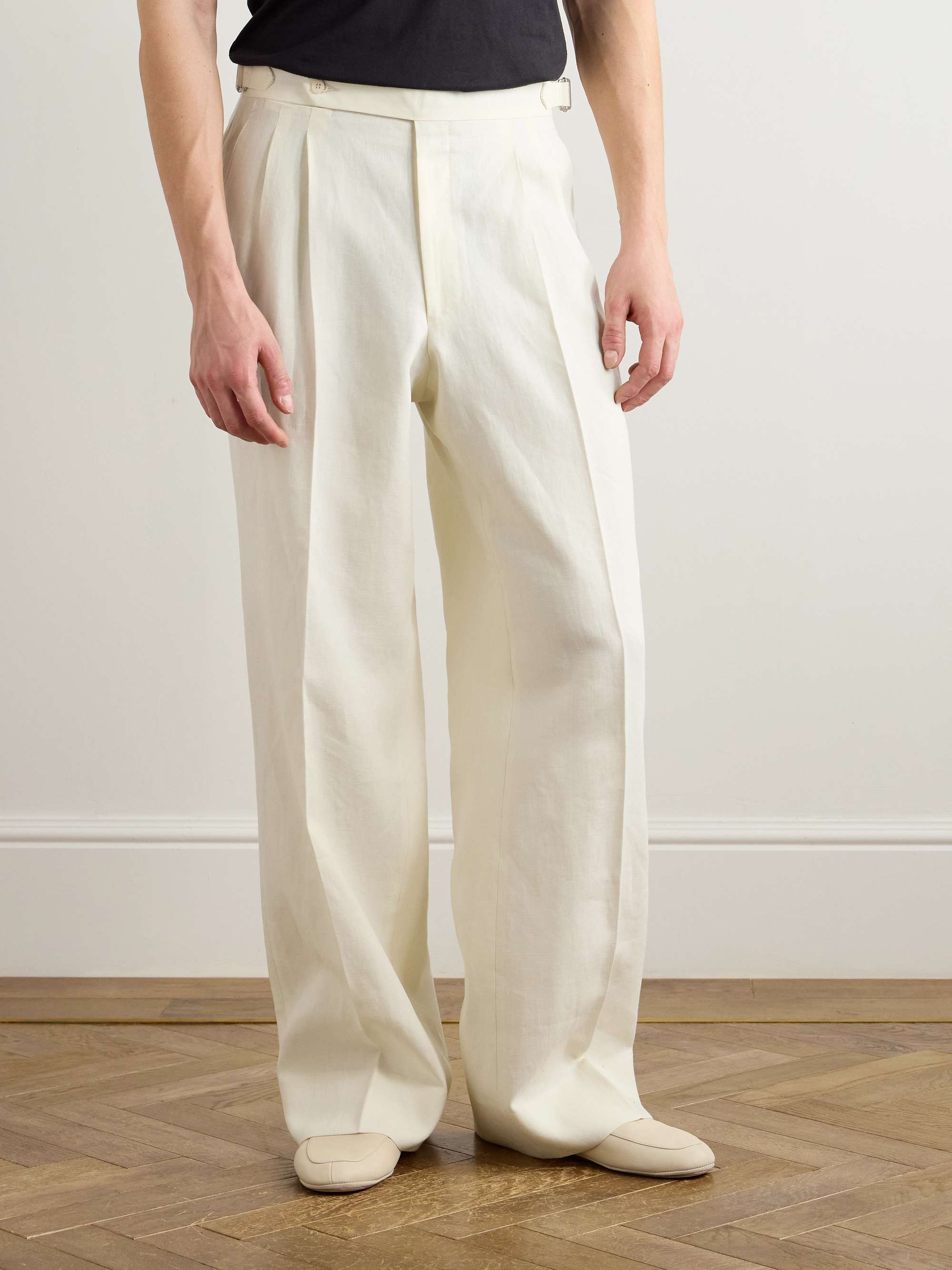 Straight-Leg Pleated Linen-Canvas Trousers view