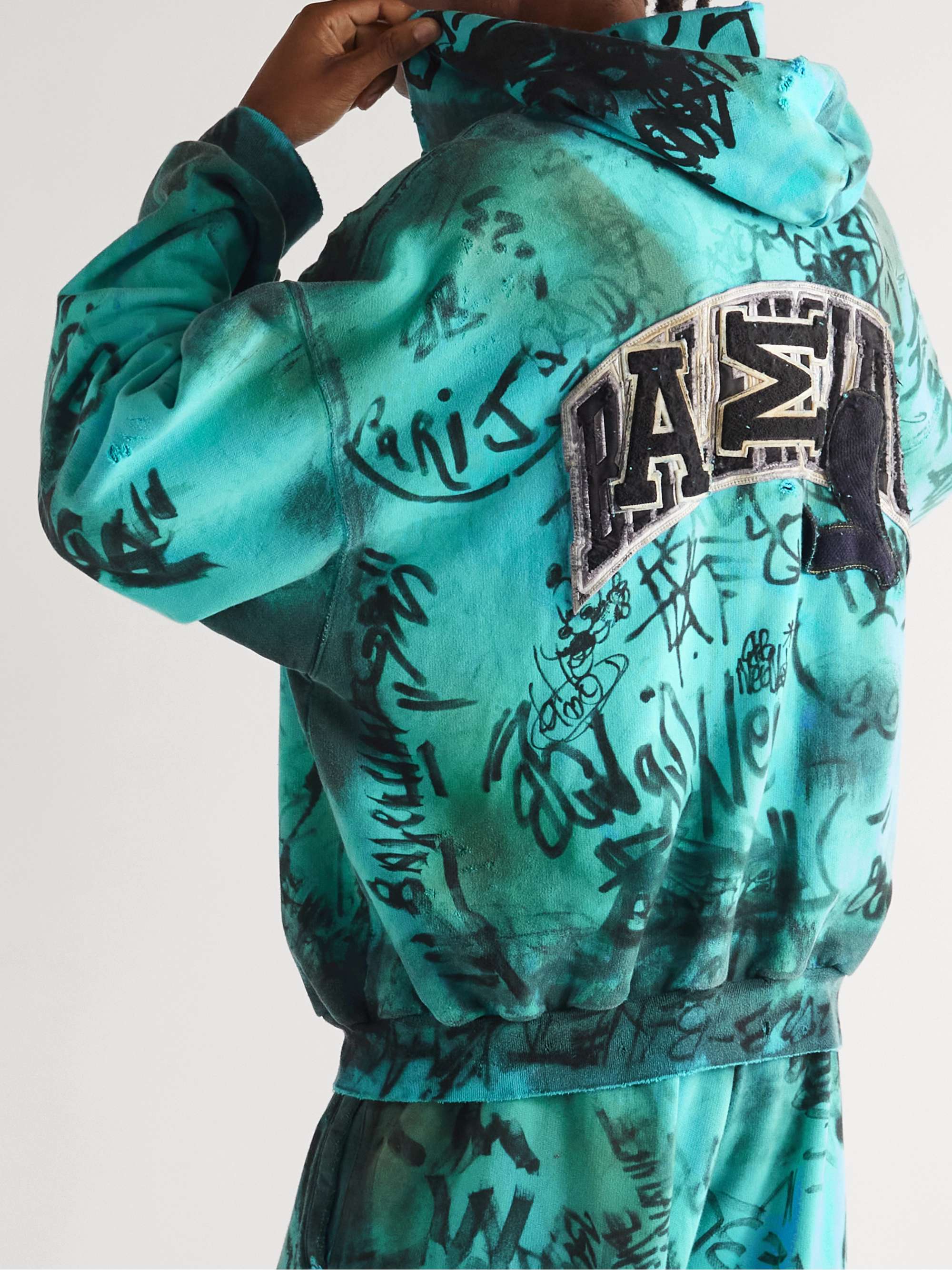 Logo-Appliquéd Distressed Printed Cotton-Jersey Zip-Up Hoodie view