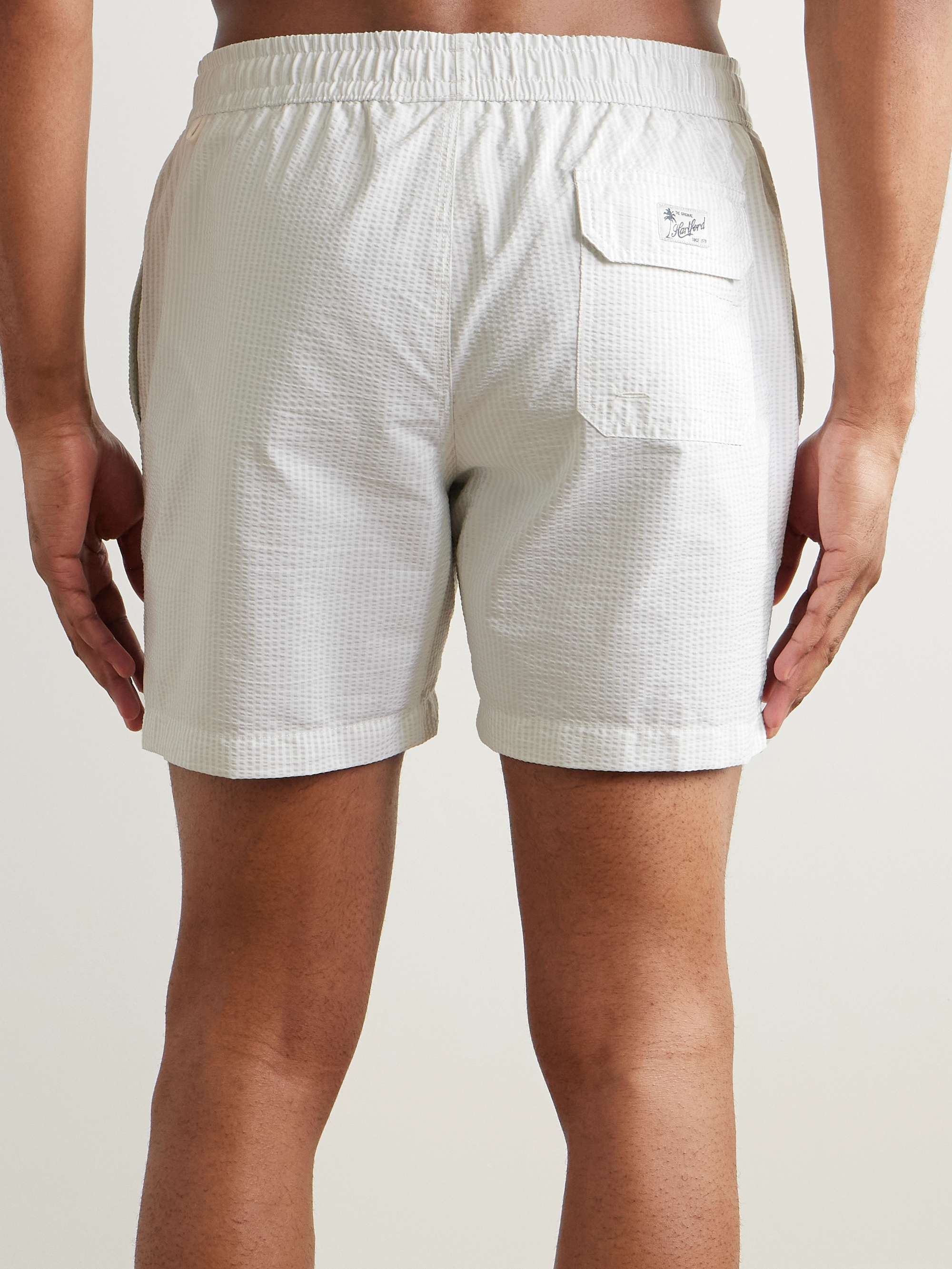 Straight-Leg Mid-Length Striped Seersucker Swim Shorts view