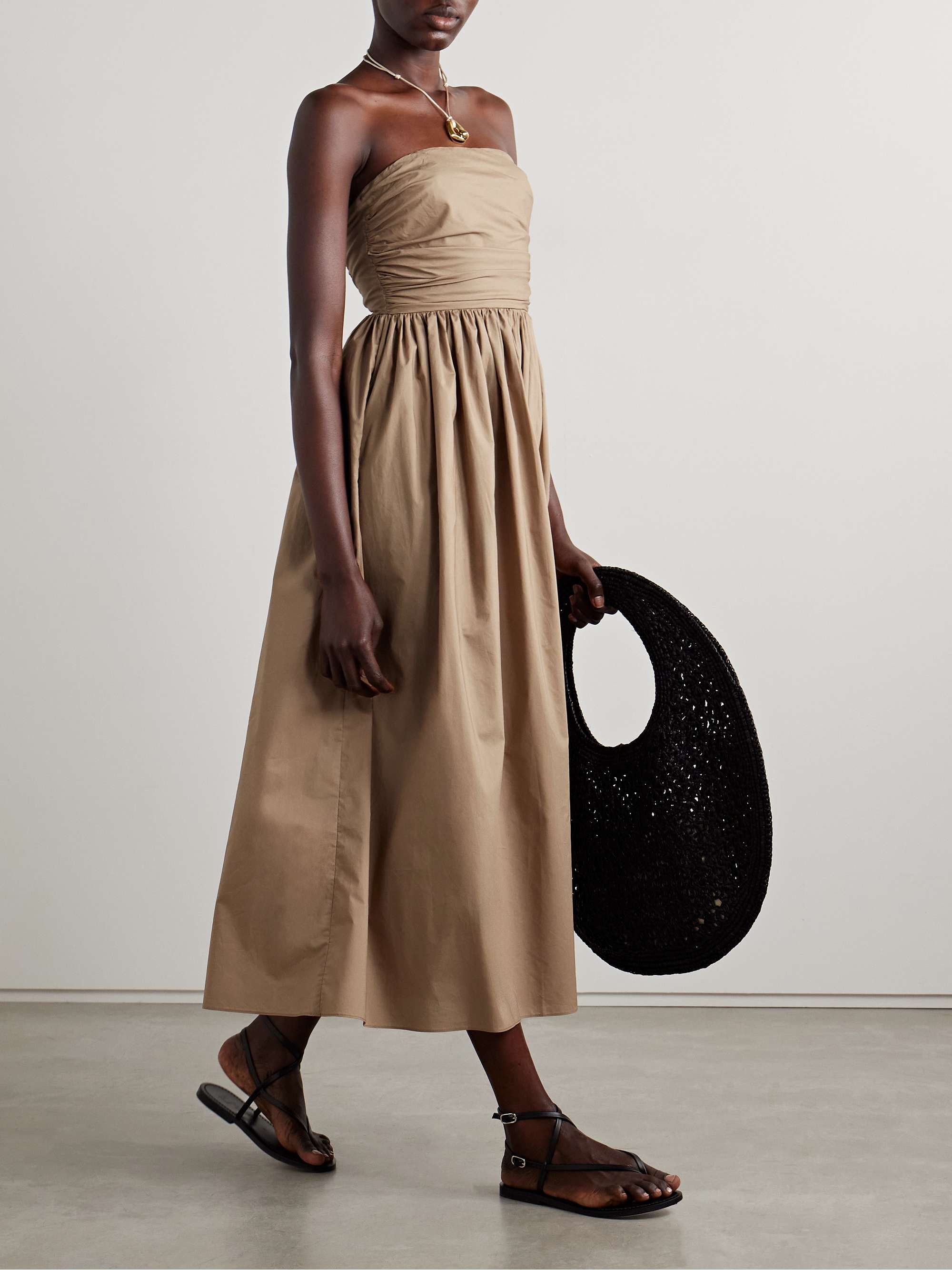 Strapless gathered organic cotton-poplin midi dress view