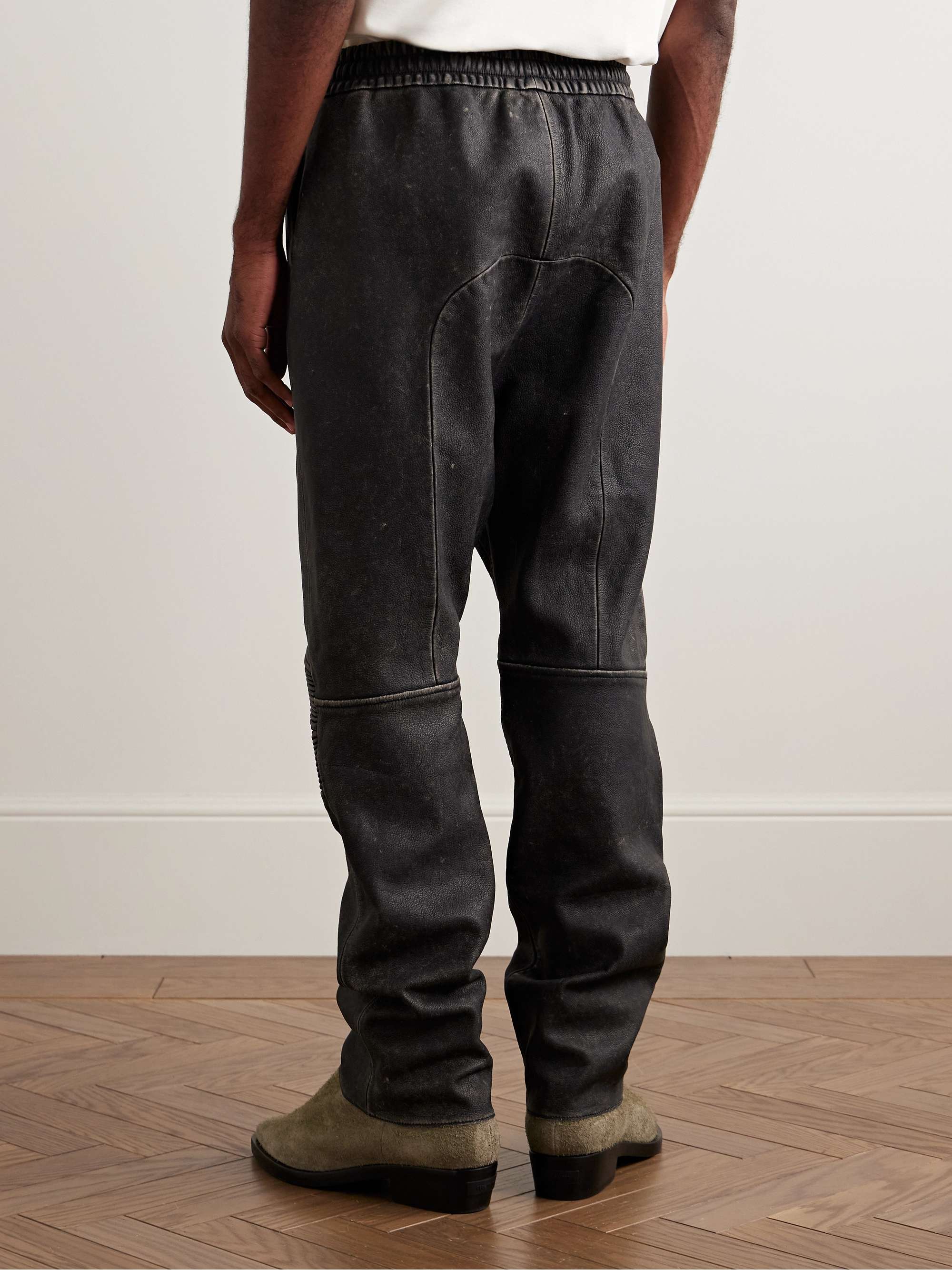 Moto Straight-Leg Leather Drawstring Trousers view