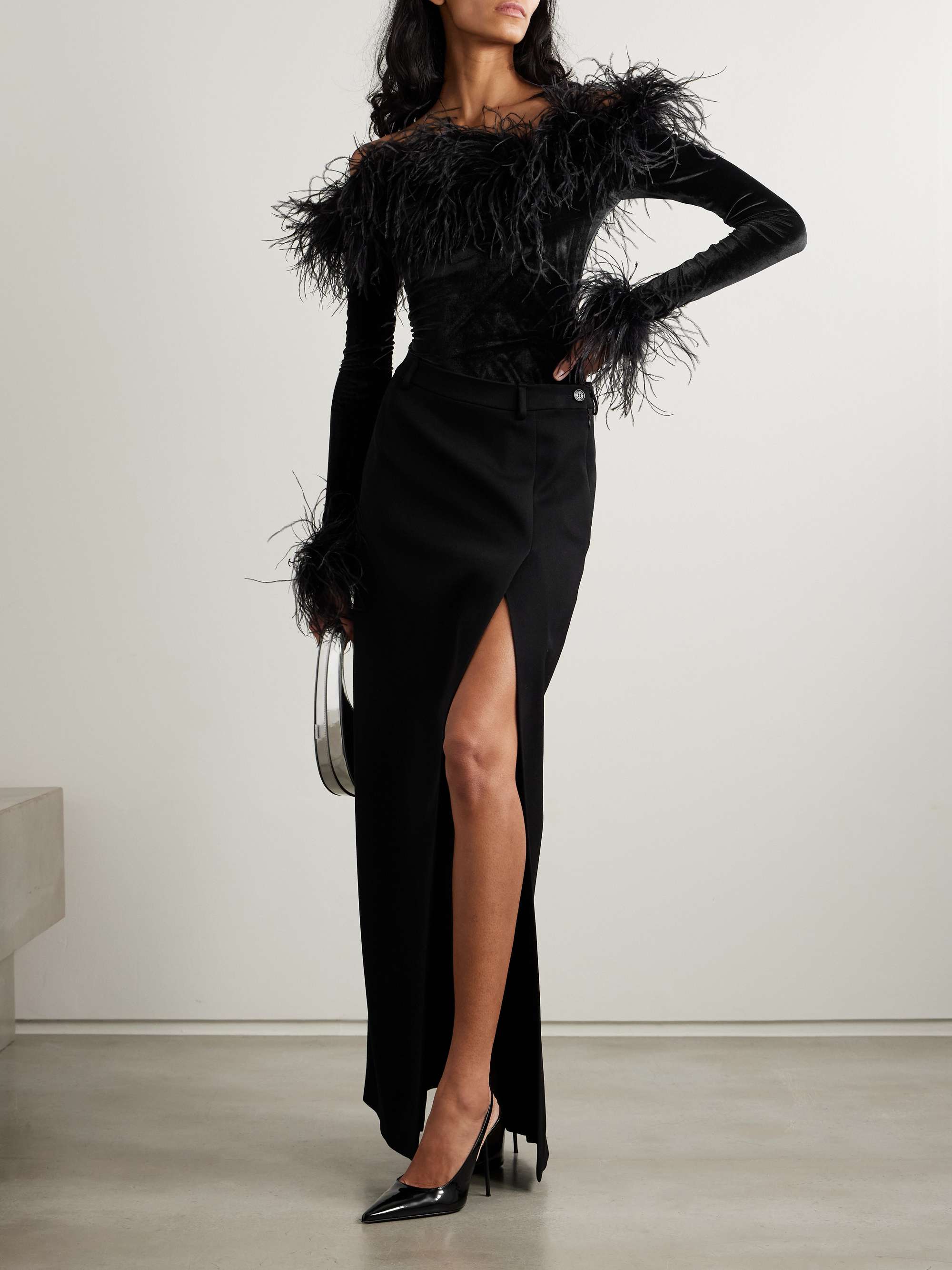 Plumage off-the-shoulder feather-trimmed stretch-velvet bodysuit view