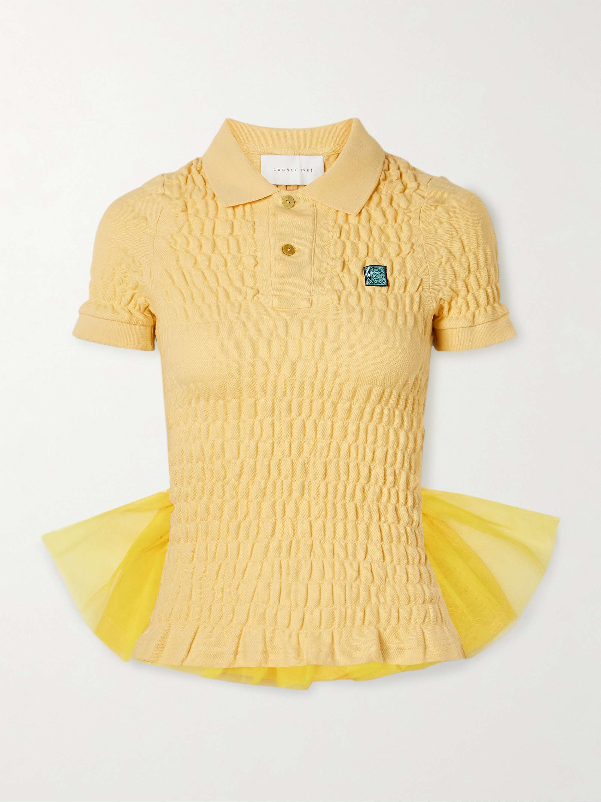 Tulle-trimmed shirred organic cotton-piqué shirt hero visual