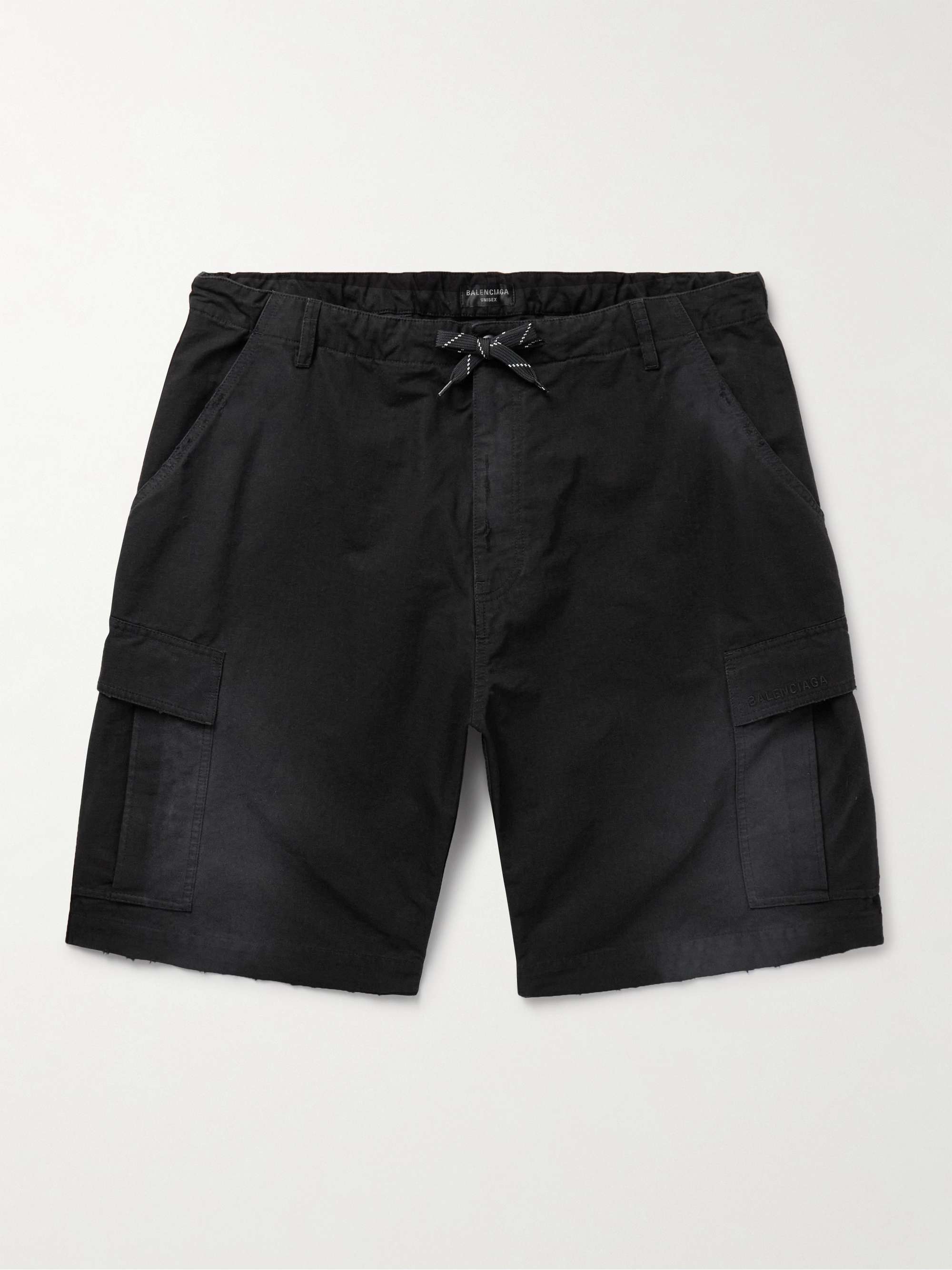 Wide-Leg Distressed Cotton-Ripstop Drawstring Cargo Shorts hero visual