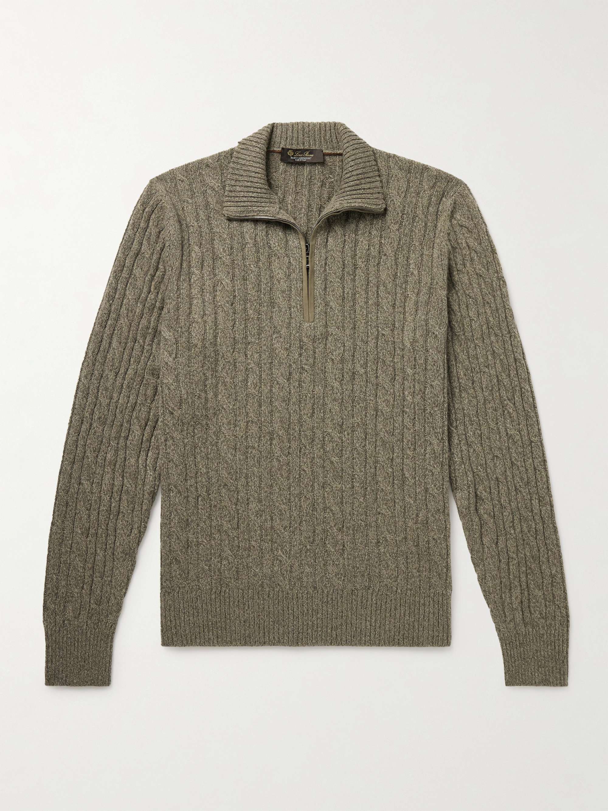Slim-Fit Suede-Trimmed Cable-Knit Baby Cashmere Half-Zip Sweater hero visual