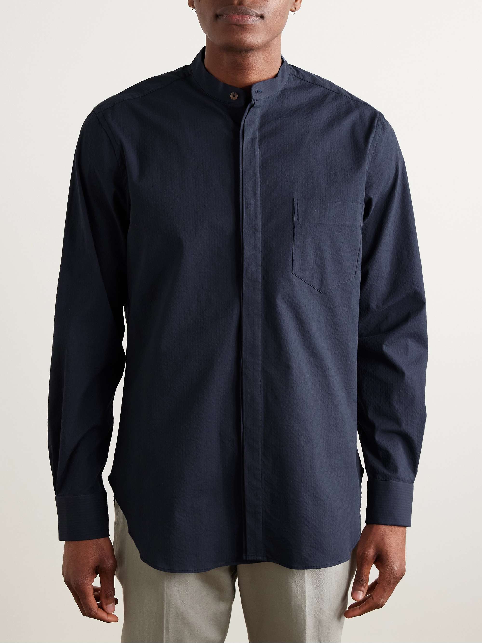 Slim-Fit Grandad-Collar Cotton-Seersucker Shirt view