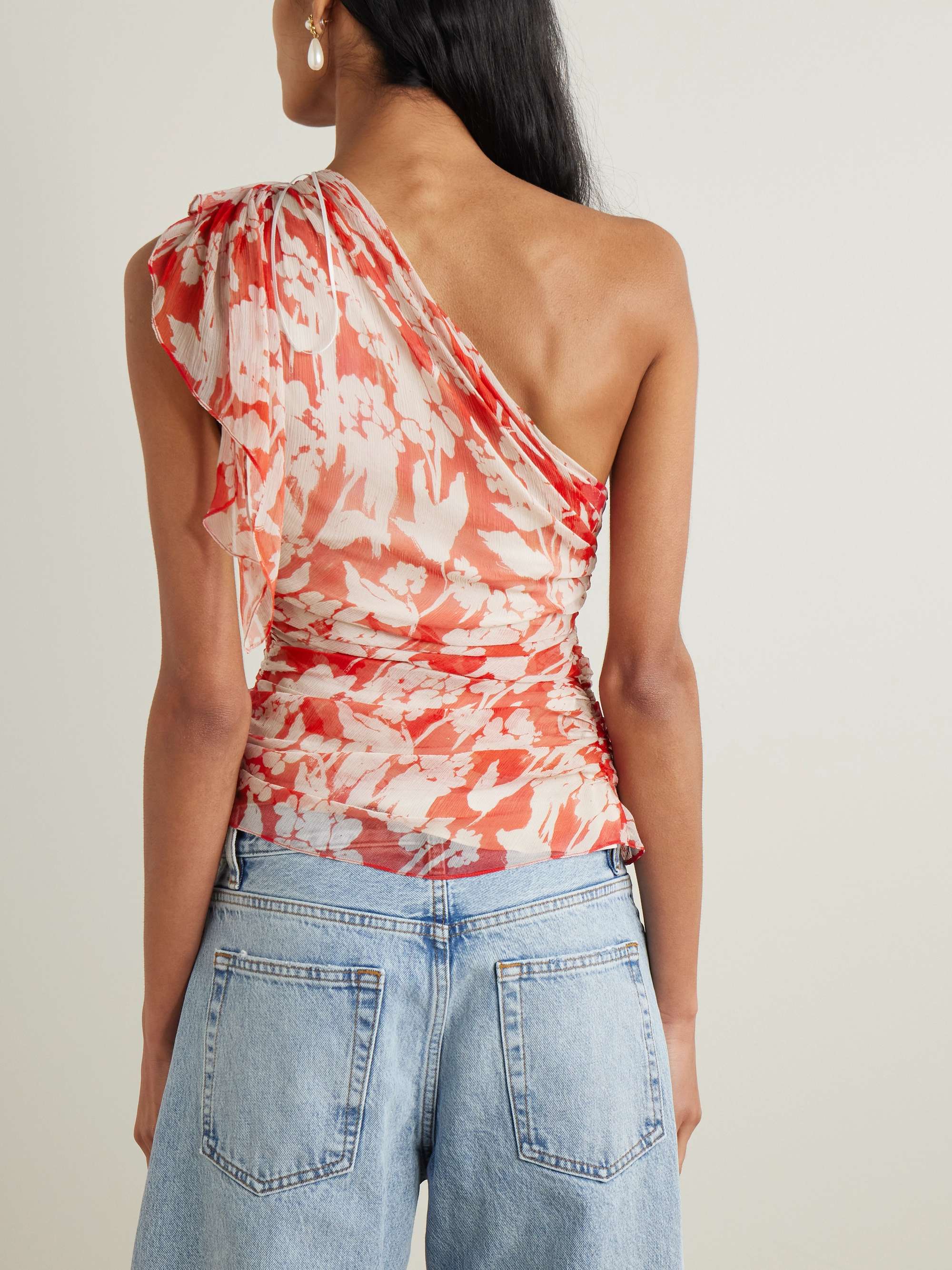 One-shoulder draped floral-print silk-georgette top view