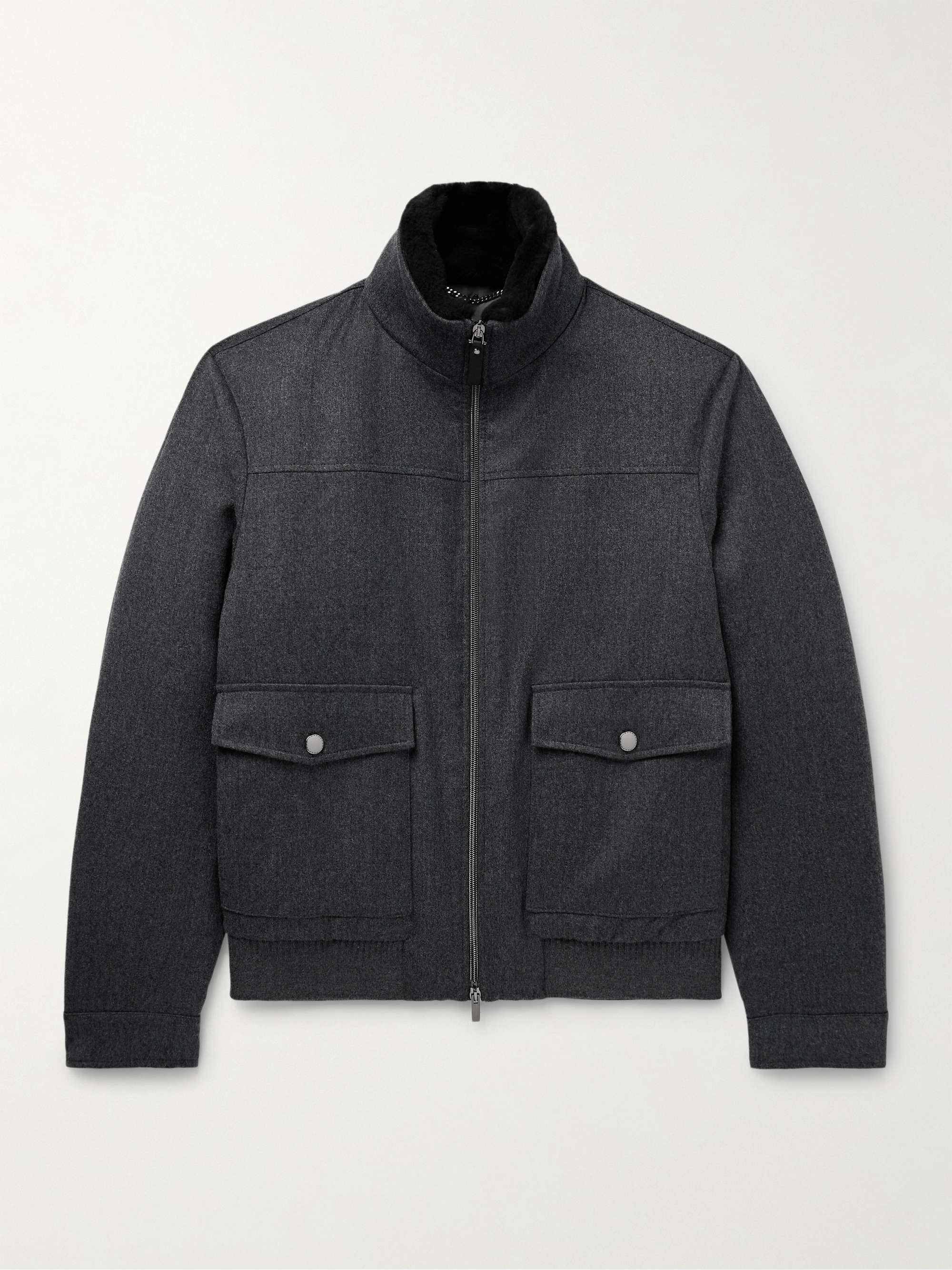 Shearling-Trimmed Padded Wool-Flannel Bomber Jacket hero visual