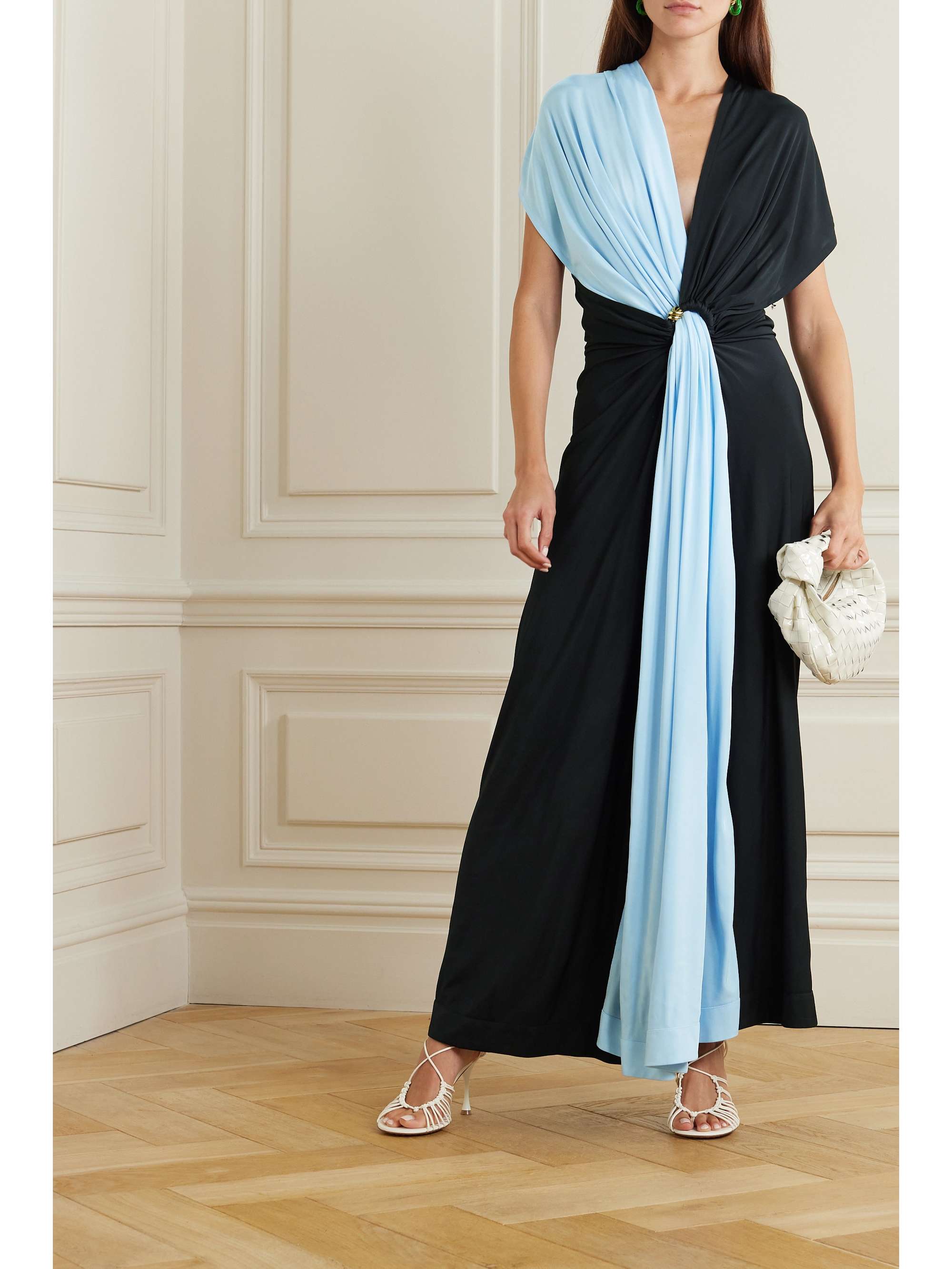 Embellished twist-front draped two-tone jersey gown view