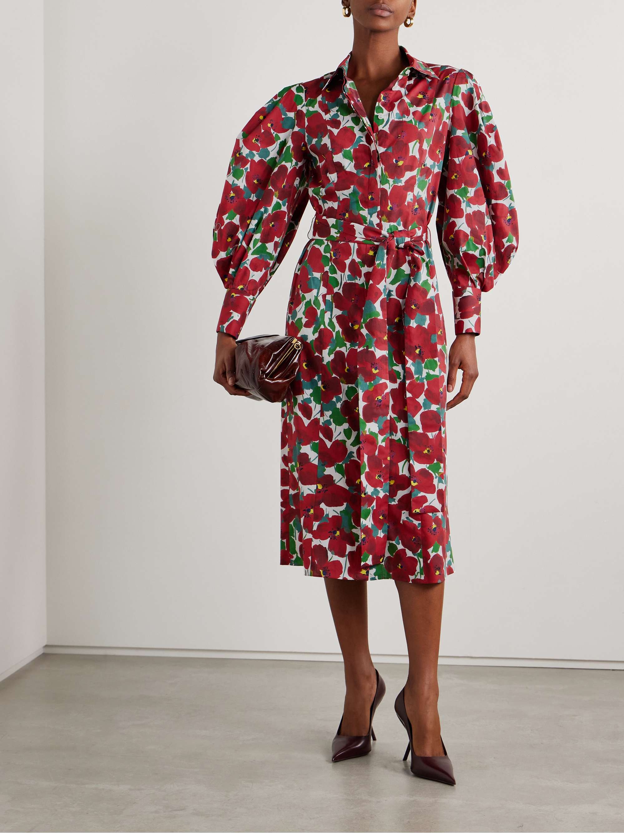 Belted floral-print cotton-blend midi shirt dress view