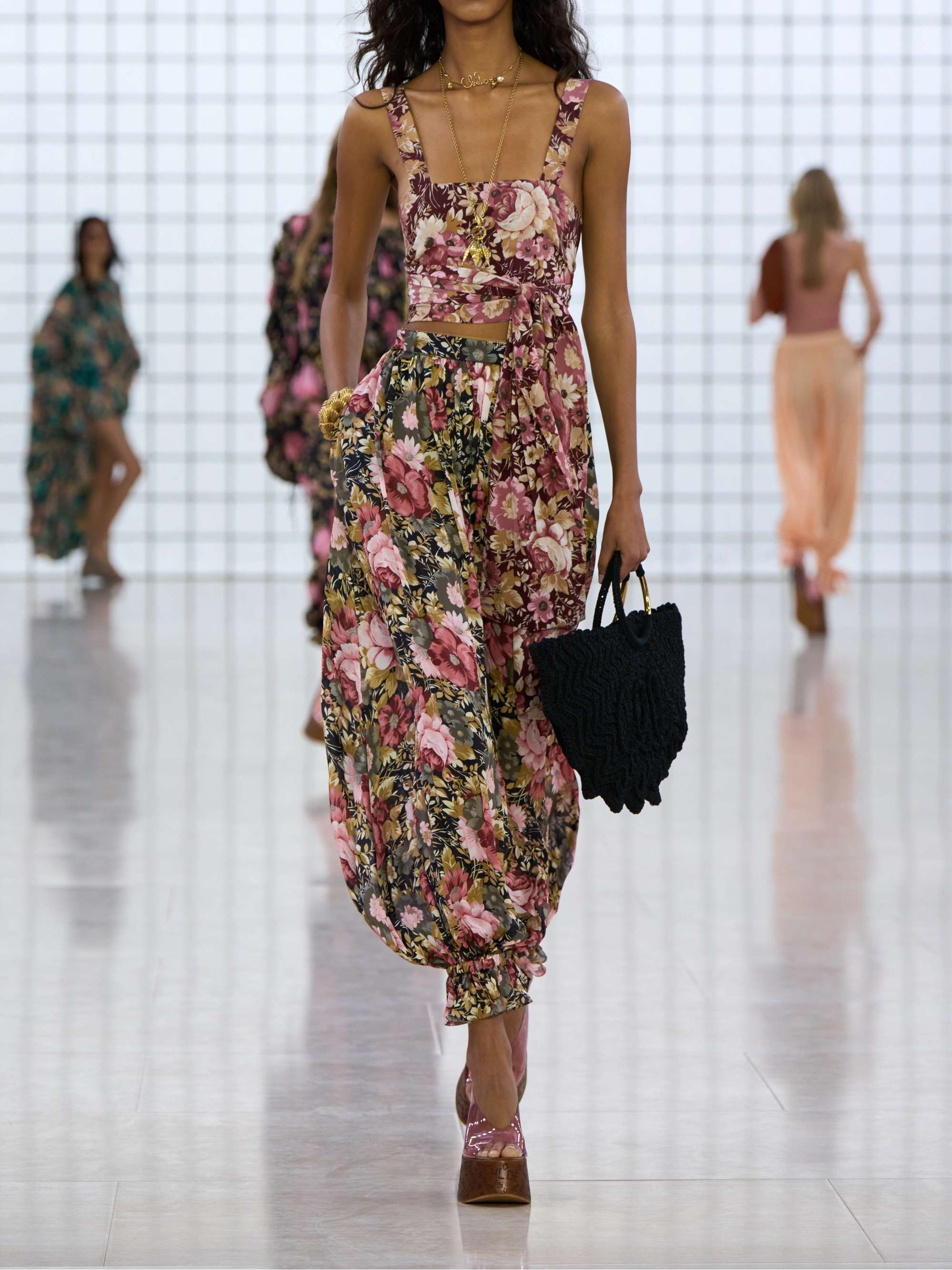 Pleated cropped floral-print silk-charmeuse wide-leg pants view