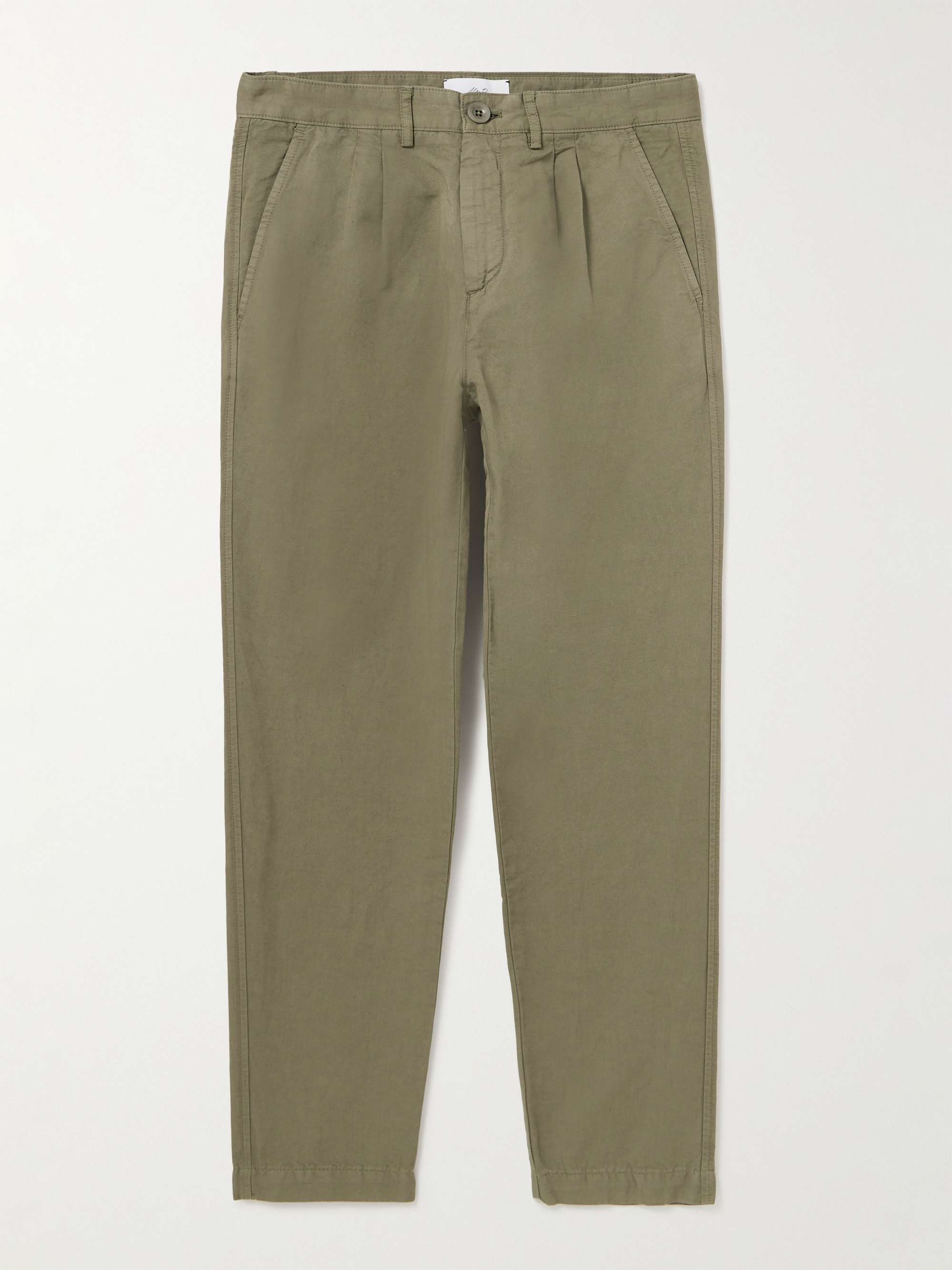 Straight-Leg Pleated Garment-Dyed Cotton and Linen-Blend Trousers hero visual