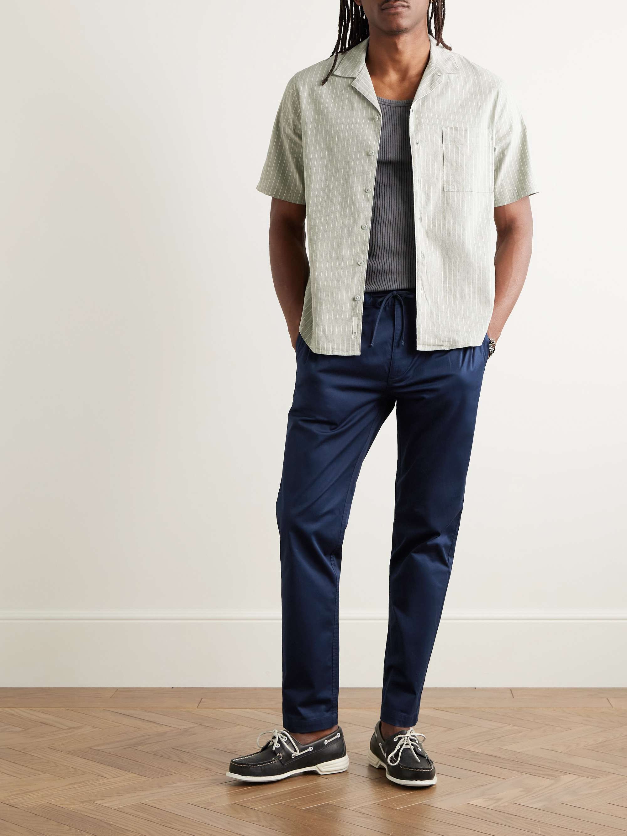 Slim-Fit Pleated Garment-Dyed Stretch-Cotton Drawstring Trousers view