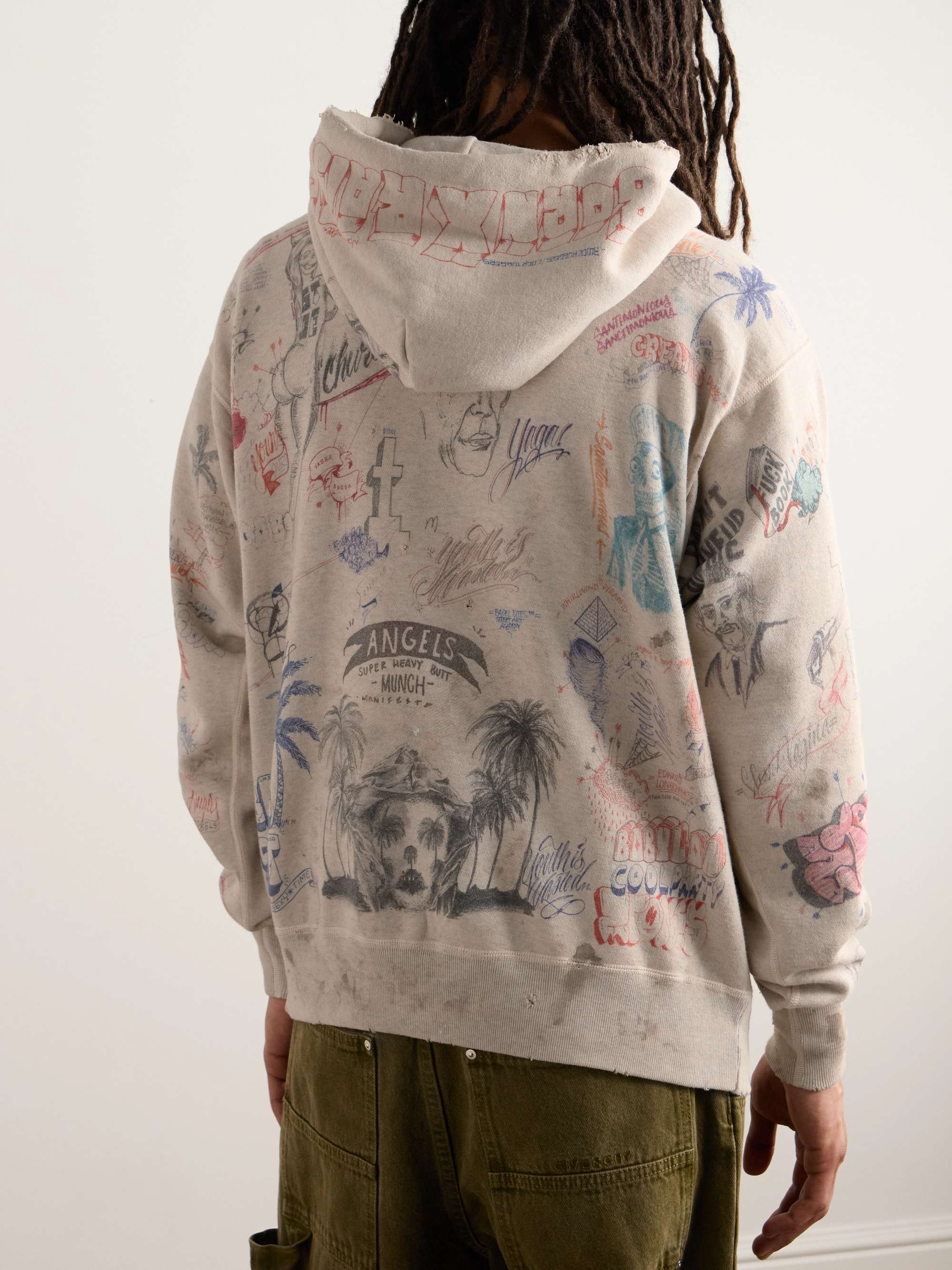 + Born X Raised Distressed Crystal-Embellished Printed Cotton-Jersey Hoodie view