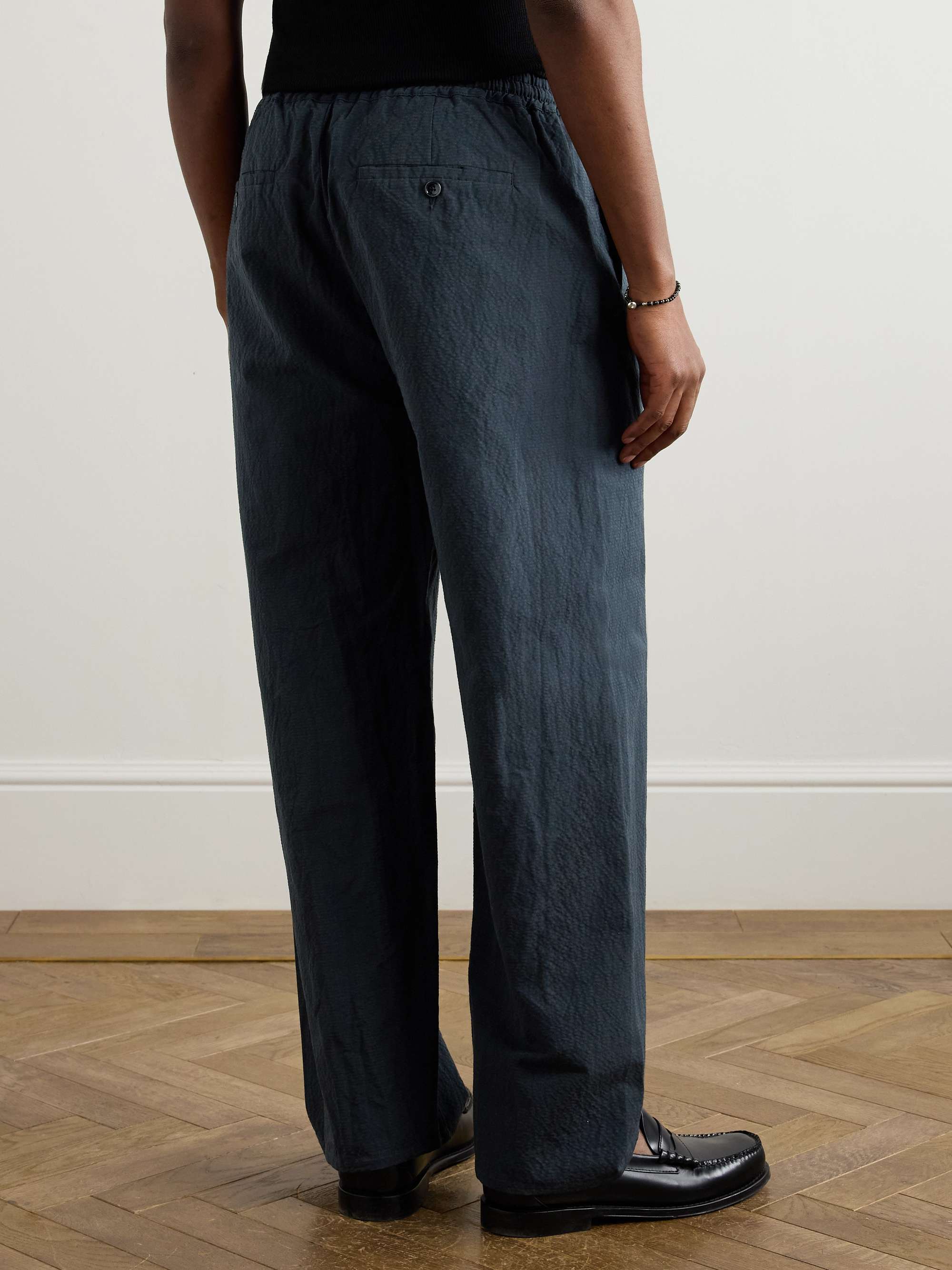 Samurai Straight-Leg Cotton and Linen-Blend Seersucker Drawstring Suit Trousers view