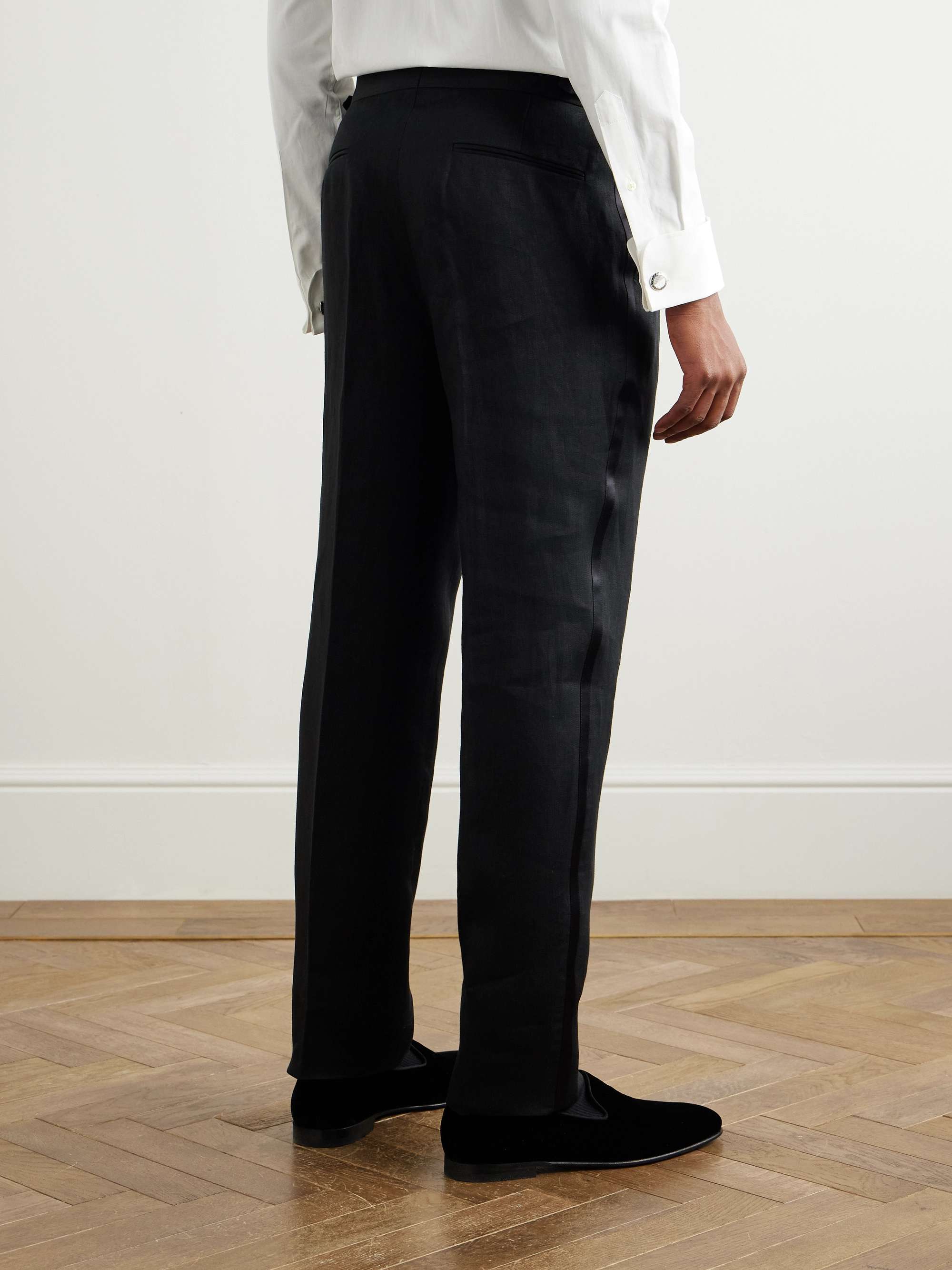 Tapered Pleated Cotton and Silk-Blend Satin-Trimmed Linen Tuxedo Trousers view