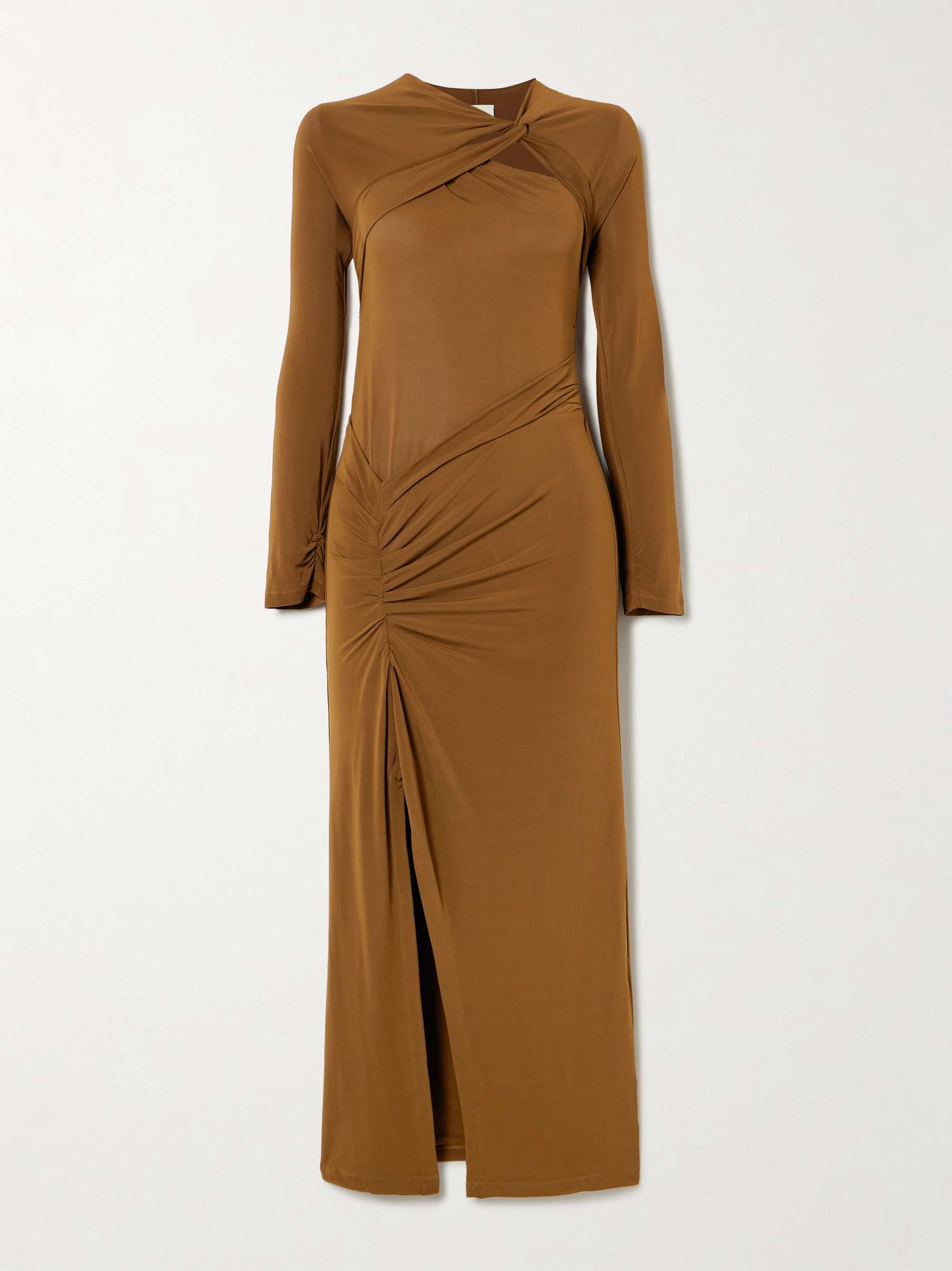 Evelina asymmetric knotted stretch-jersey midi dress hero visual
