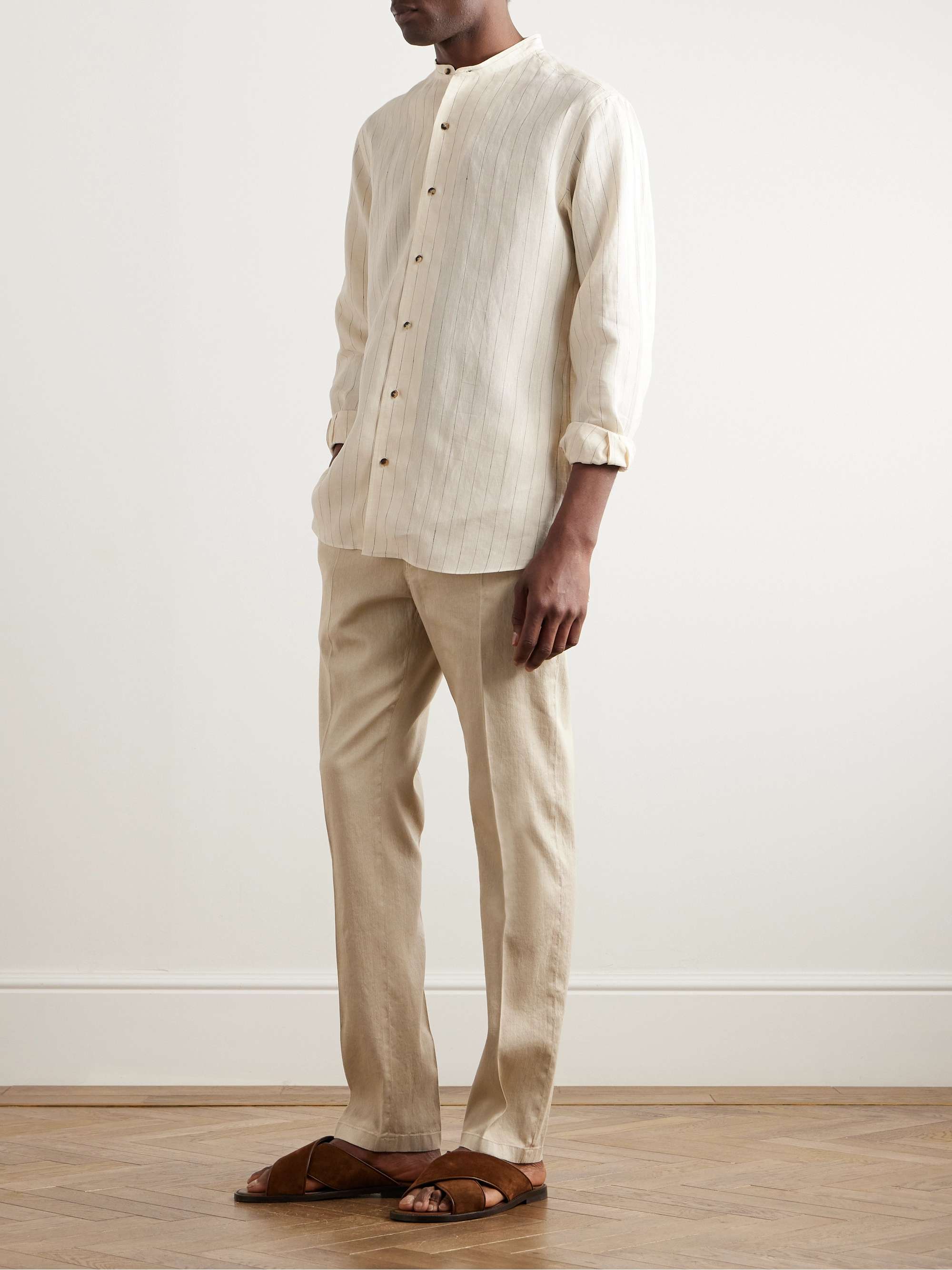 Elia Grandad-Collar Pinstriped Linen Shirt view