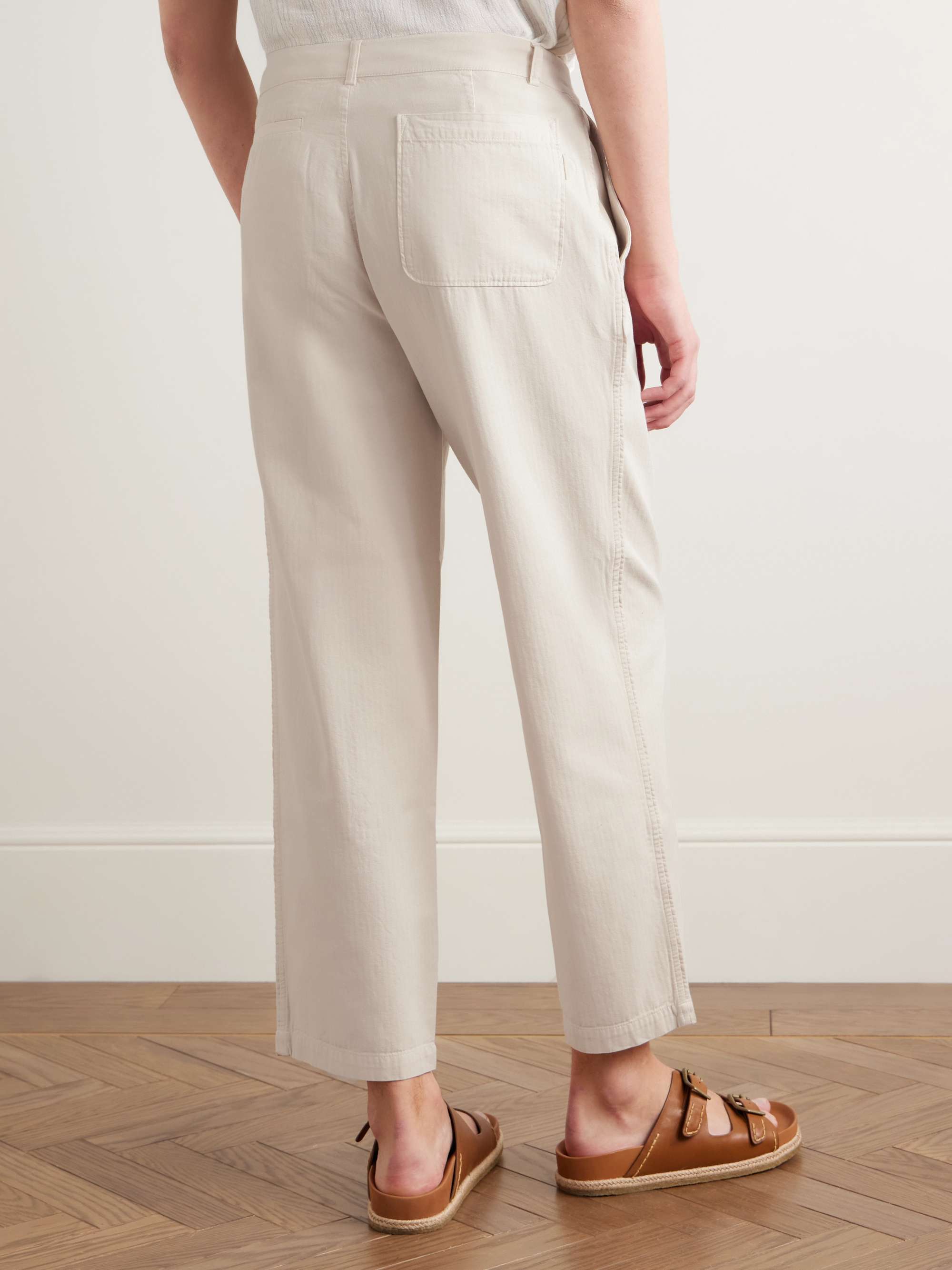 Wide-Leg Pleated Garment-Dyed Herringbone Cotton Trousers view