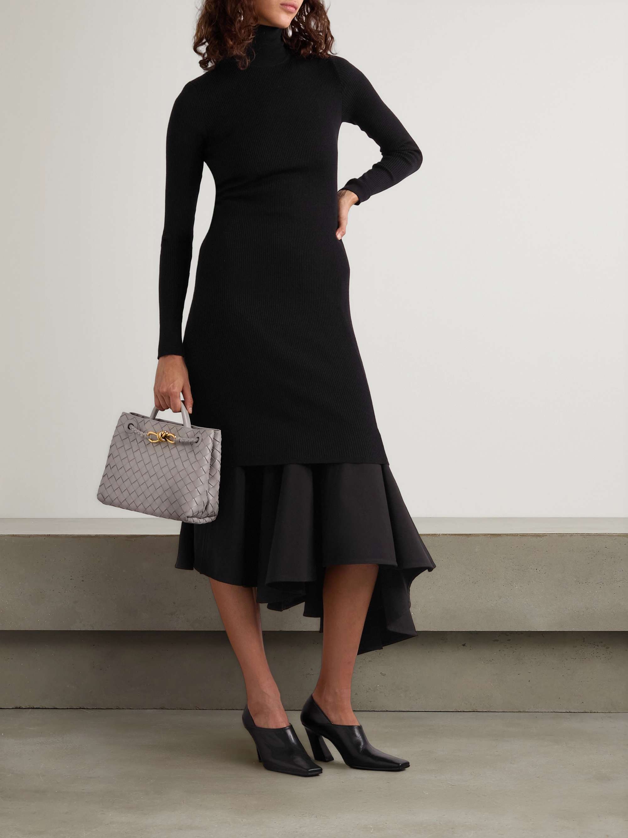 Asymmetric satin-trimmed ribbed-knit turtleneck midi dress view