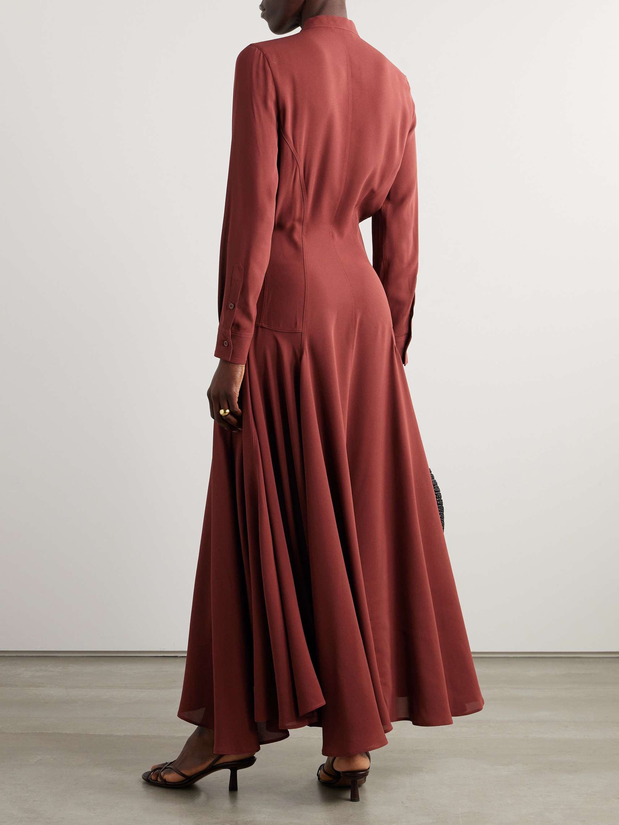 Asymmetric gathered silk-crepe maxi shirt dress view