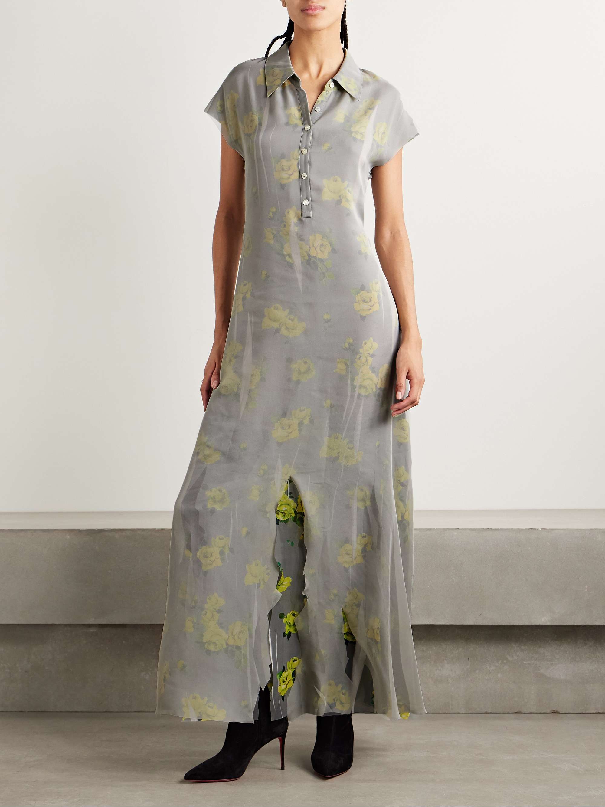 Layered chiffon and floral-print crepe maxi dress view