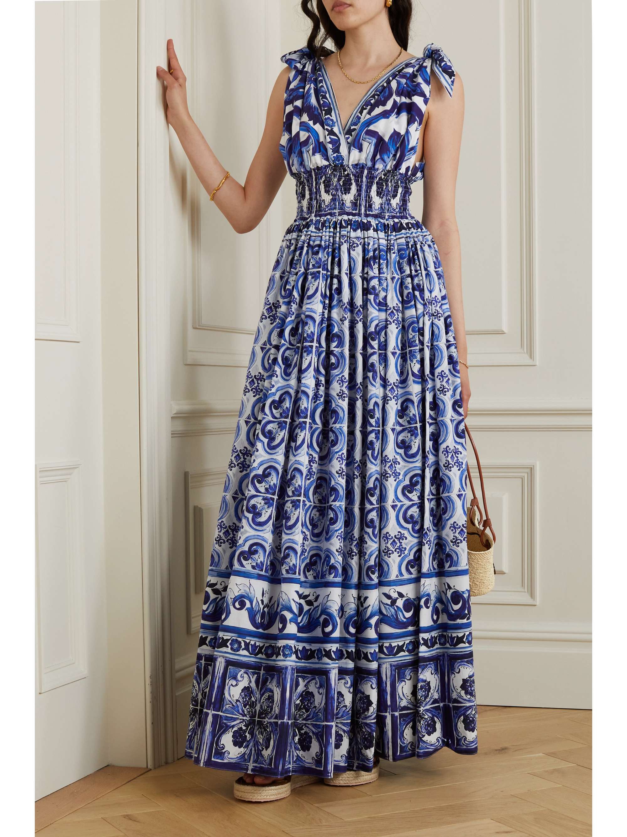 Maiolica open-back shirred printed cotton-poplin maxi dress view