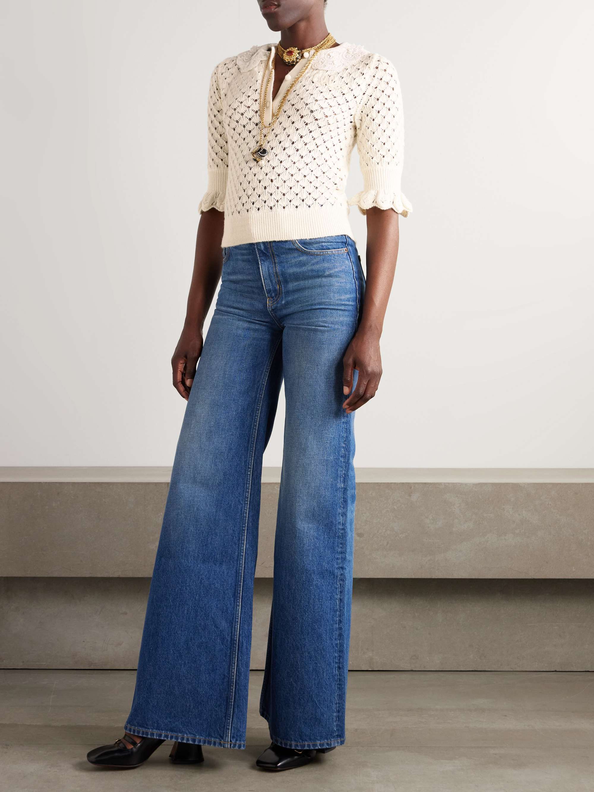 Lace-trimmed cotton, alpaca and silk-blend polo sweater view