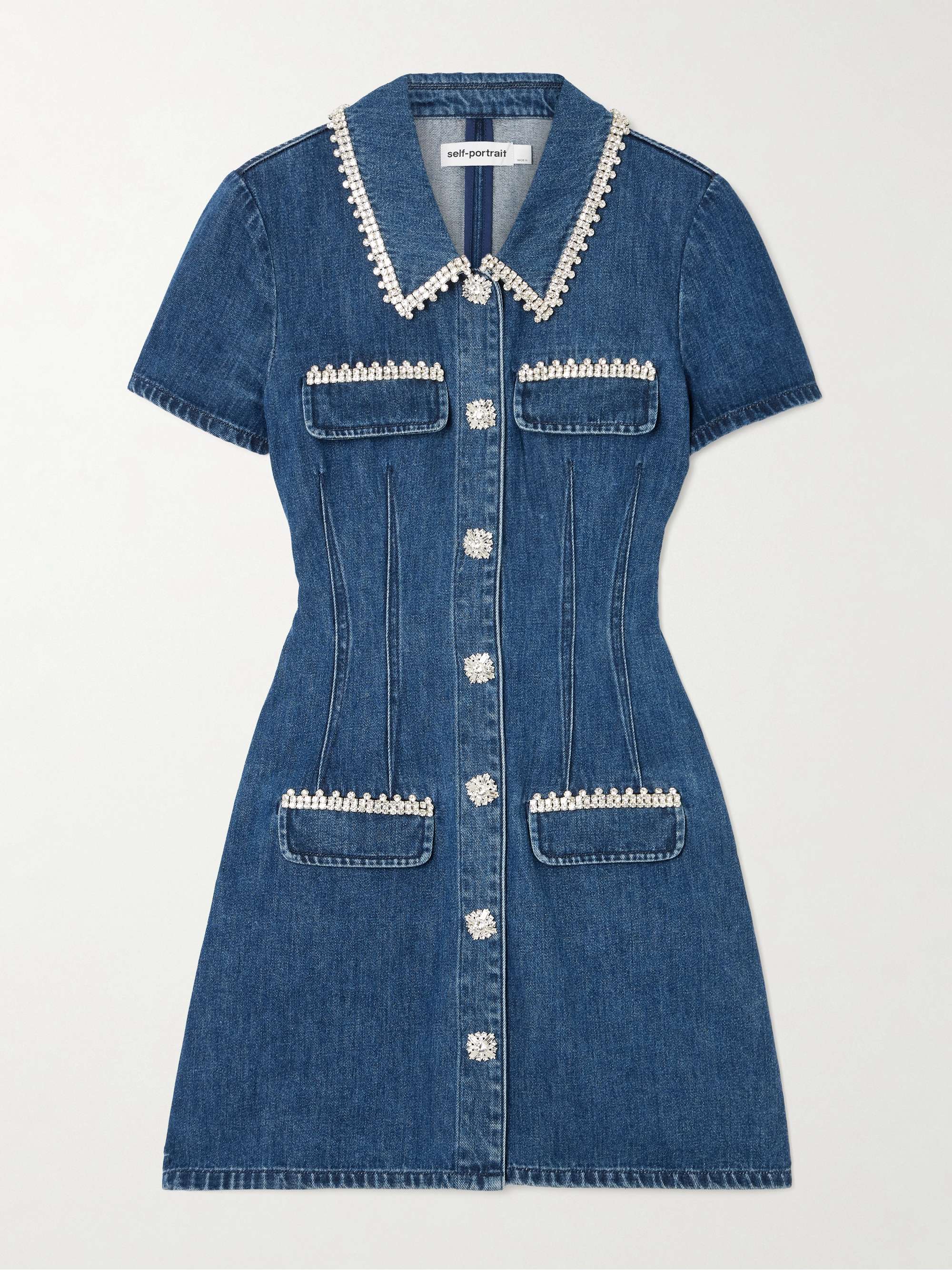 Crystal-embellished denim mini dress hero visual
