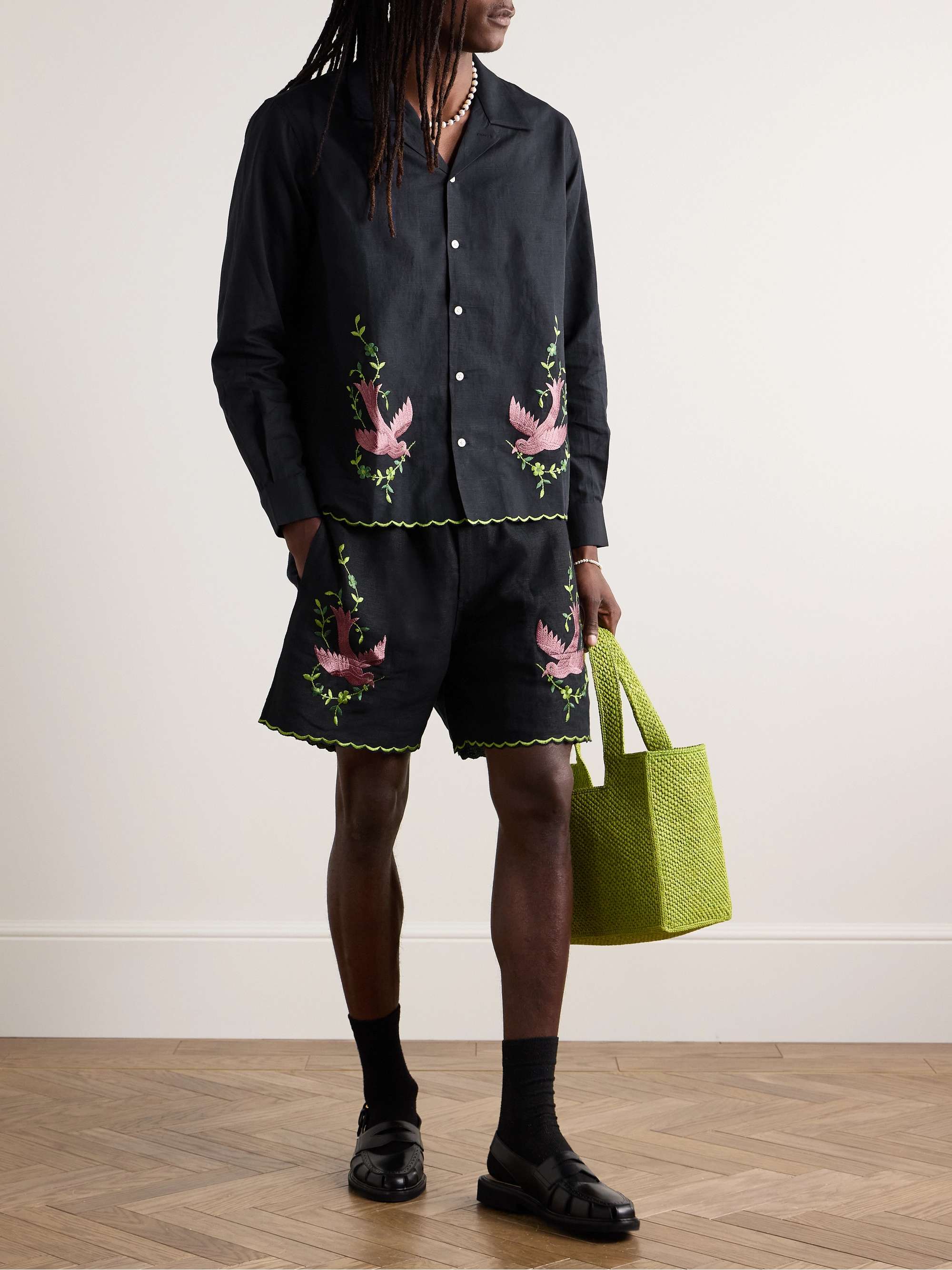 Rosefinch Straight-Leg Embroidered Linen Shorts view