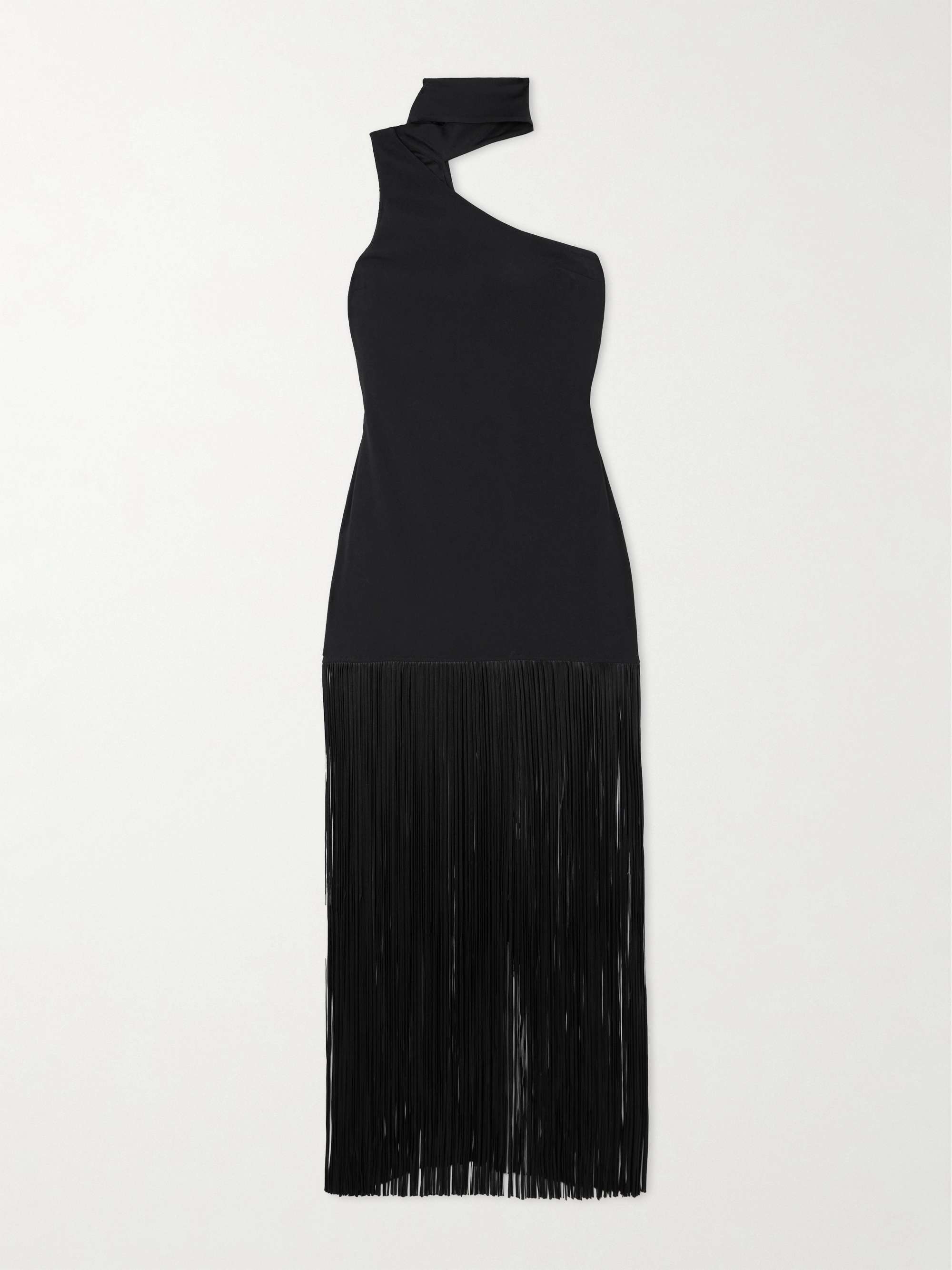 Atlanta asymmetric one-shoulder fringed crepe gown hero visual