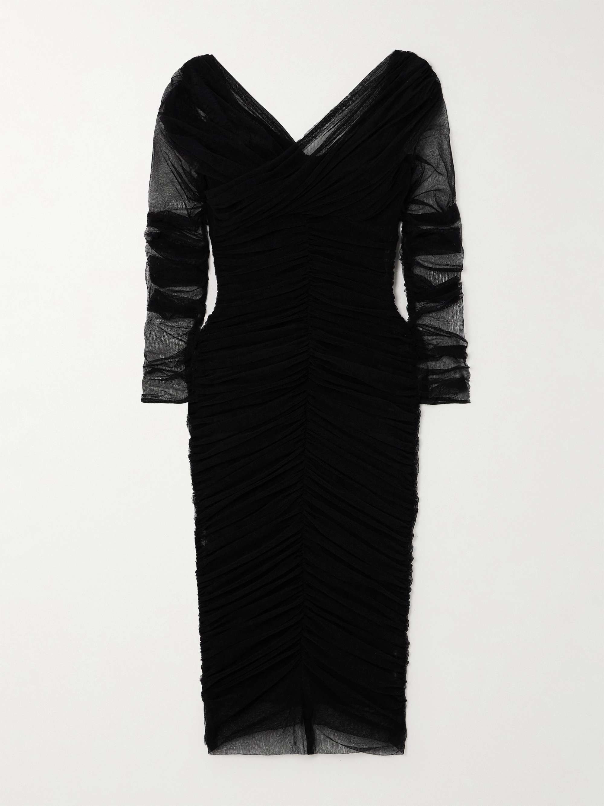 Off-the-shoulder ruched stretch cotton-blend tulle midi dress hero visual