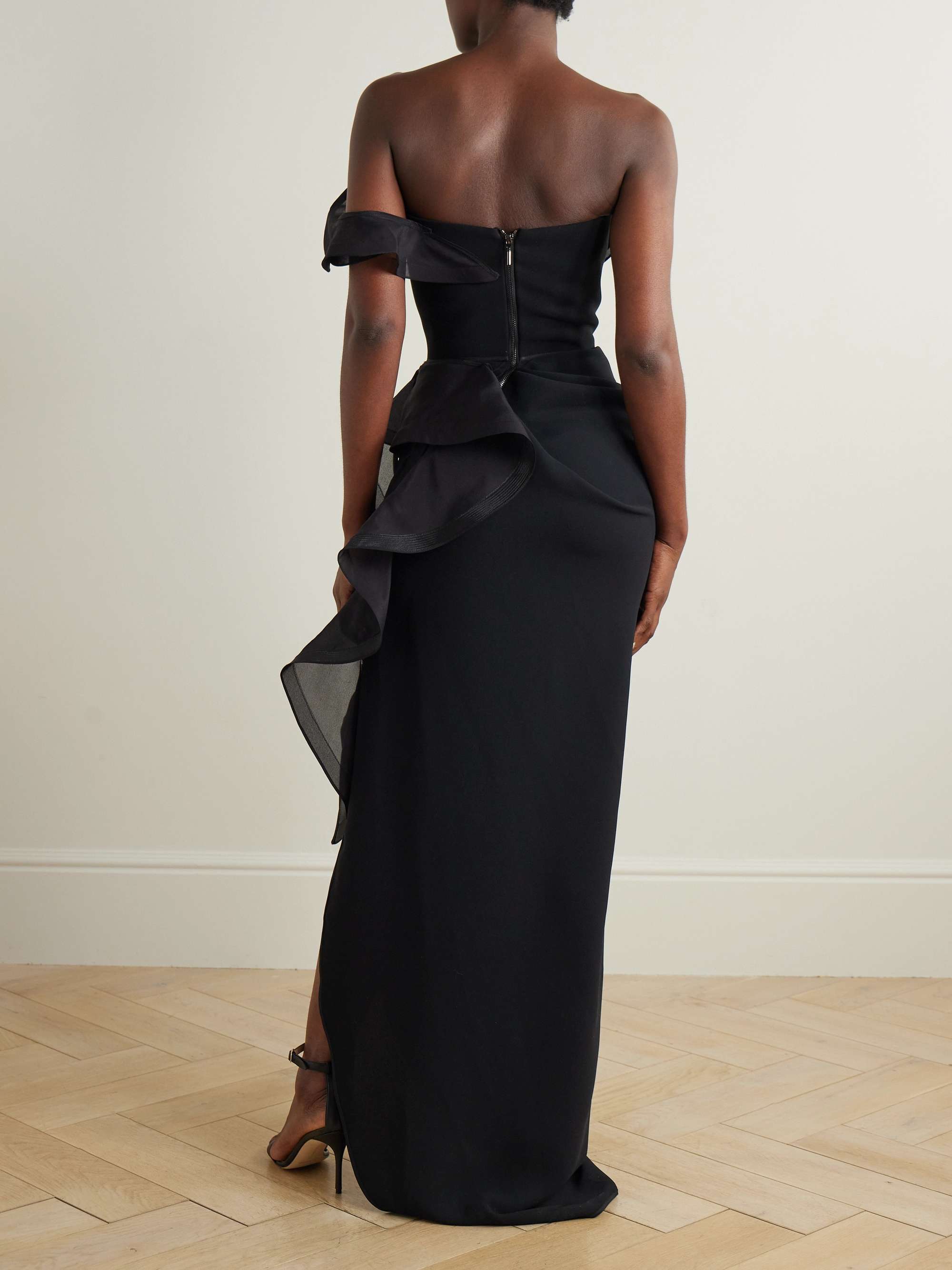 Satellite Wave asymmetric ruffled organza-trimmed crepe gown view