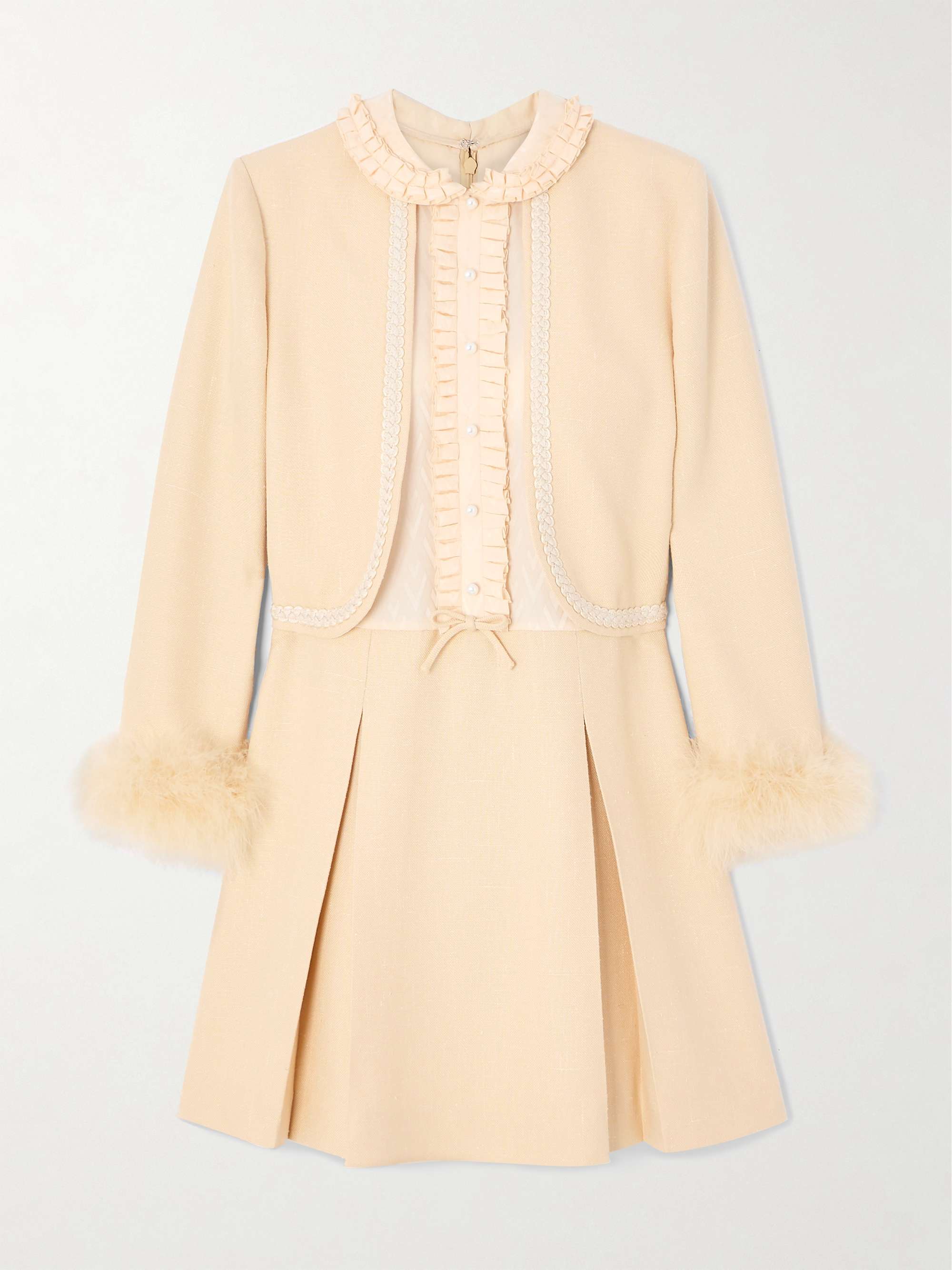 Feather-trimmed embellished jacquard and woven mini dress hero visual