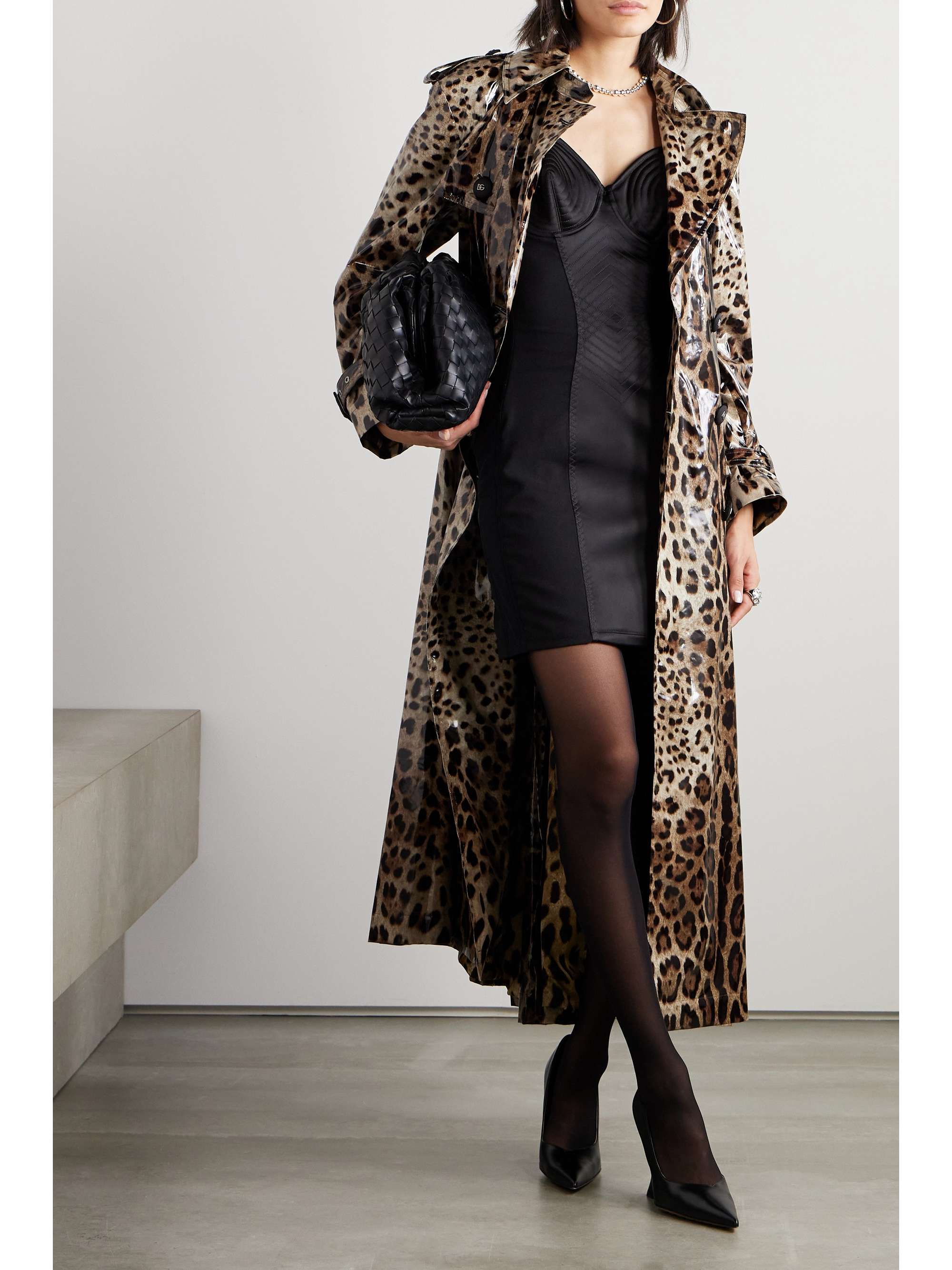 Double-breasted leopard-print coated-canvas trench coat view